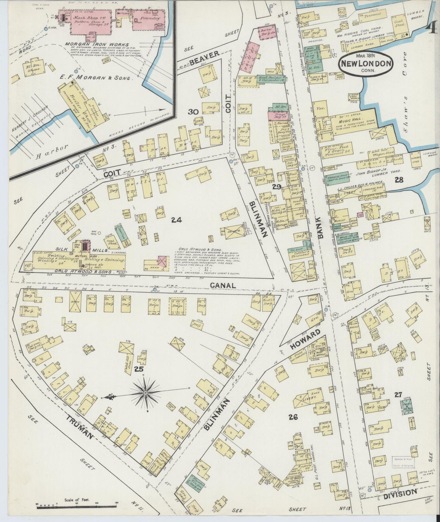 Sanborn Fire Insurance Map from New London, New London County, Connecticut (1891), Sheet #0004 - Complete Map Set gallery image, historic Sanborn map, vintage wall art, Connecticut Connecticut
