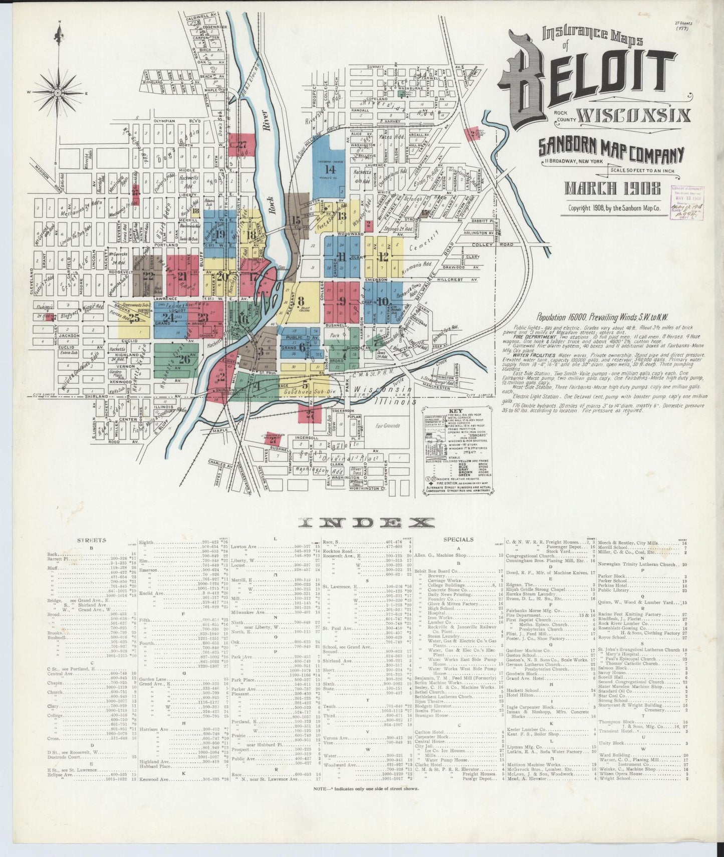 Sanborn Fire Insurance Map from Beloit, Rock County, Wisconsin (1908), Sheet #0001 - Historic Sanborn Fire Insurance Map Print, vintage old map wall art, antique decor, genealogy gift, Wisconsin Wisconsin map