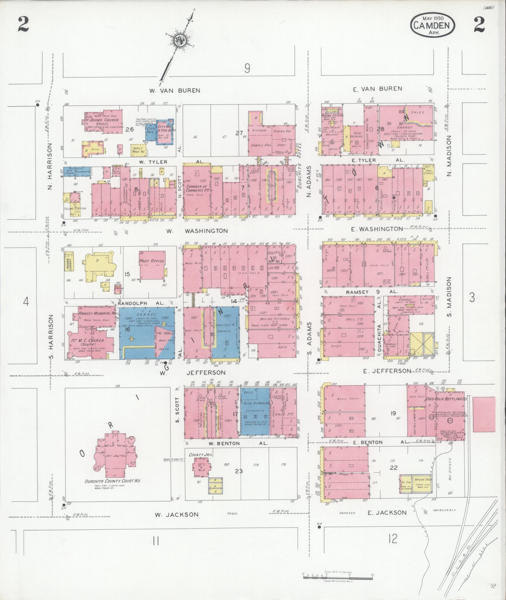Sanborn Fire Insurance Map from Camden, Ouachita County, Arkansas (1930), Sheet #0002 - Historic Sanborn Fire Insurance Map Print, vintage old map wall art, antique decor, genealogy gift, Arkansas Arkansas map