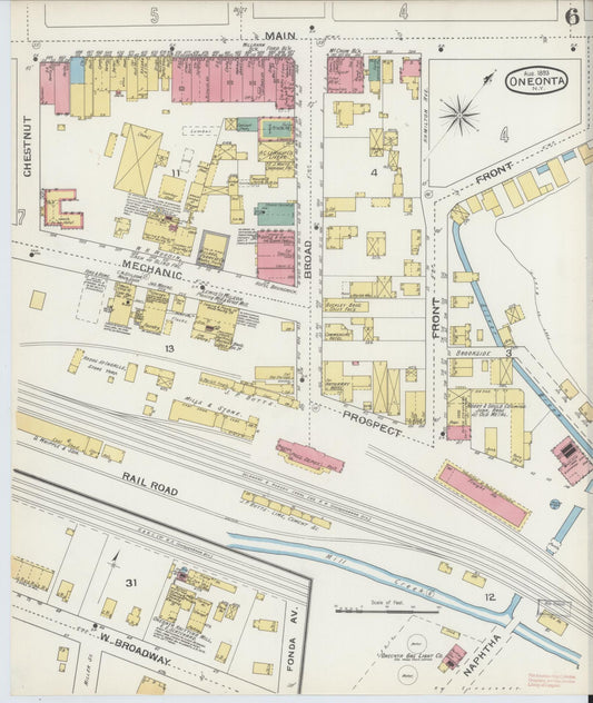 Sanborn Fire Insurance Map from Oneonta, Otsego County, New York (1893), Sheet #0006 - Historic Sanborn Fire Insurance Map Print, vintage old map wall art, antique decor, genealogy gift, New York New York map