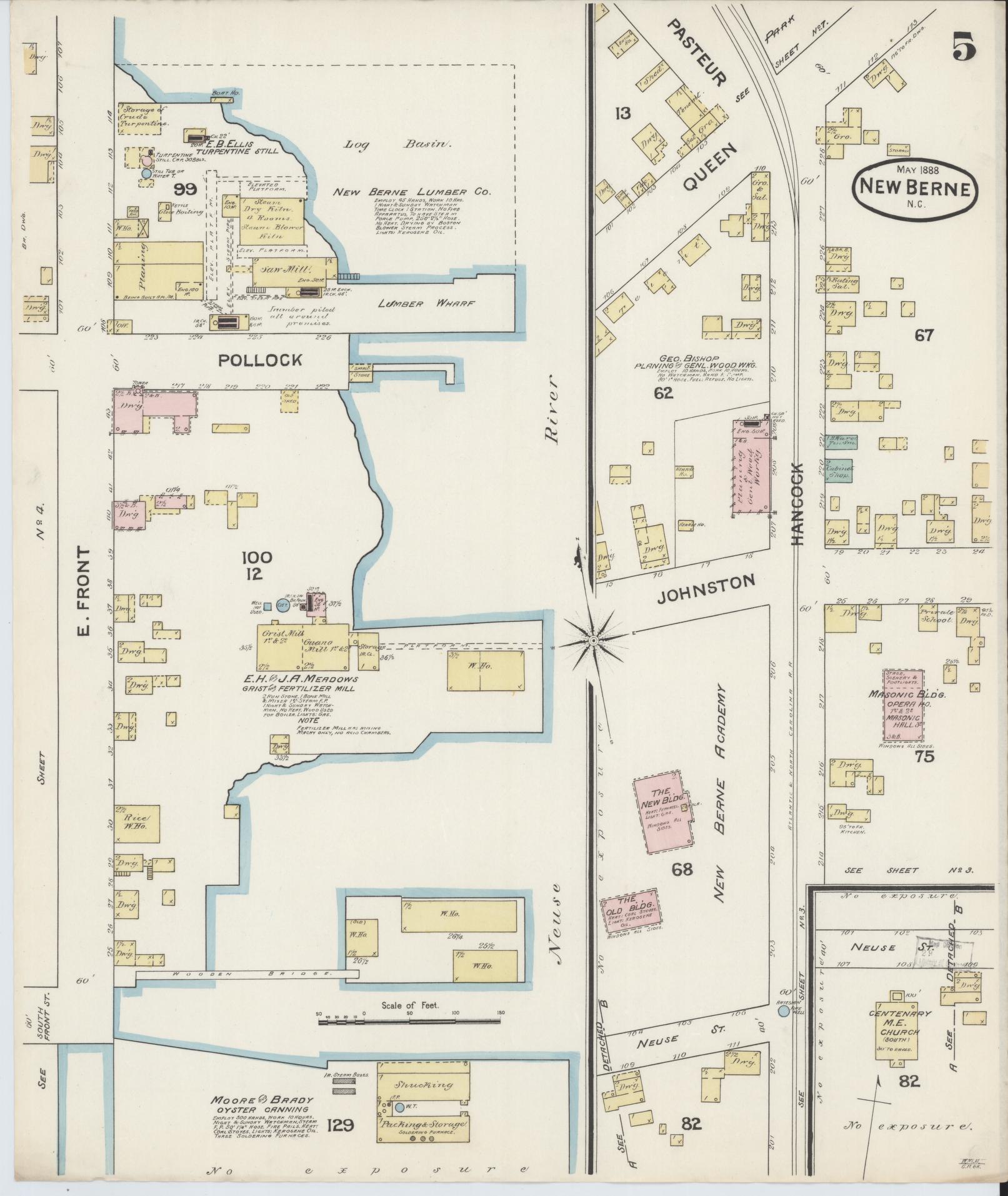 Sanborn Fire Insurance Map from New Bern, Craven County, North Carolina (1888), Sheet #0005 - Complete Map Set gallery image, historic Sanborn map, vintage wall art, North Carolina North Carolina