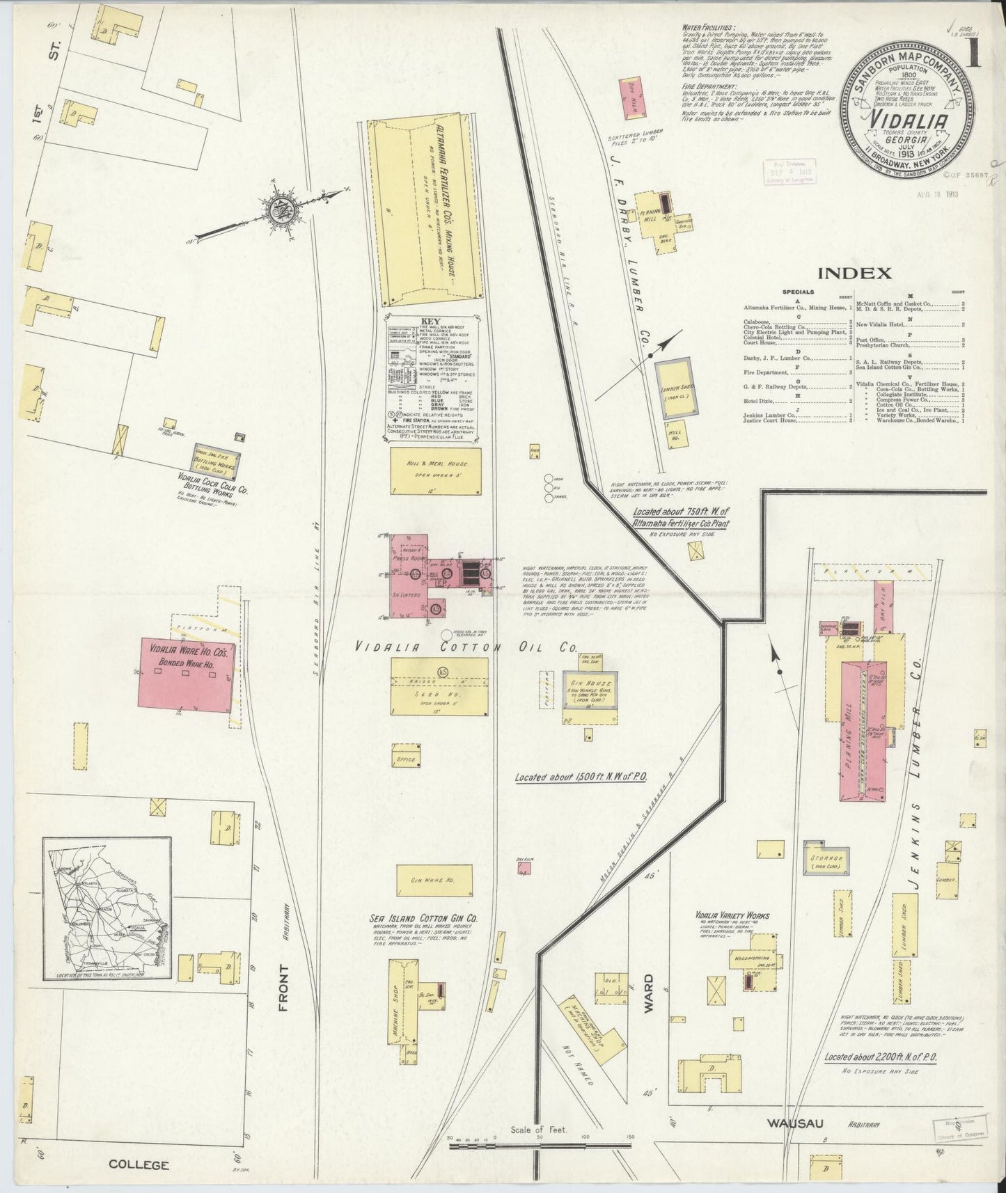 Sanborn Fire Insurance Map from Vidalia, Toombs County, Georgia (1913), Sheet #0001 - Complete Map Set gallery image, historic Sanborn map, vintage wall art, Georgia Georgia
