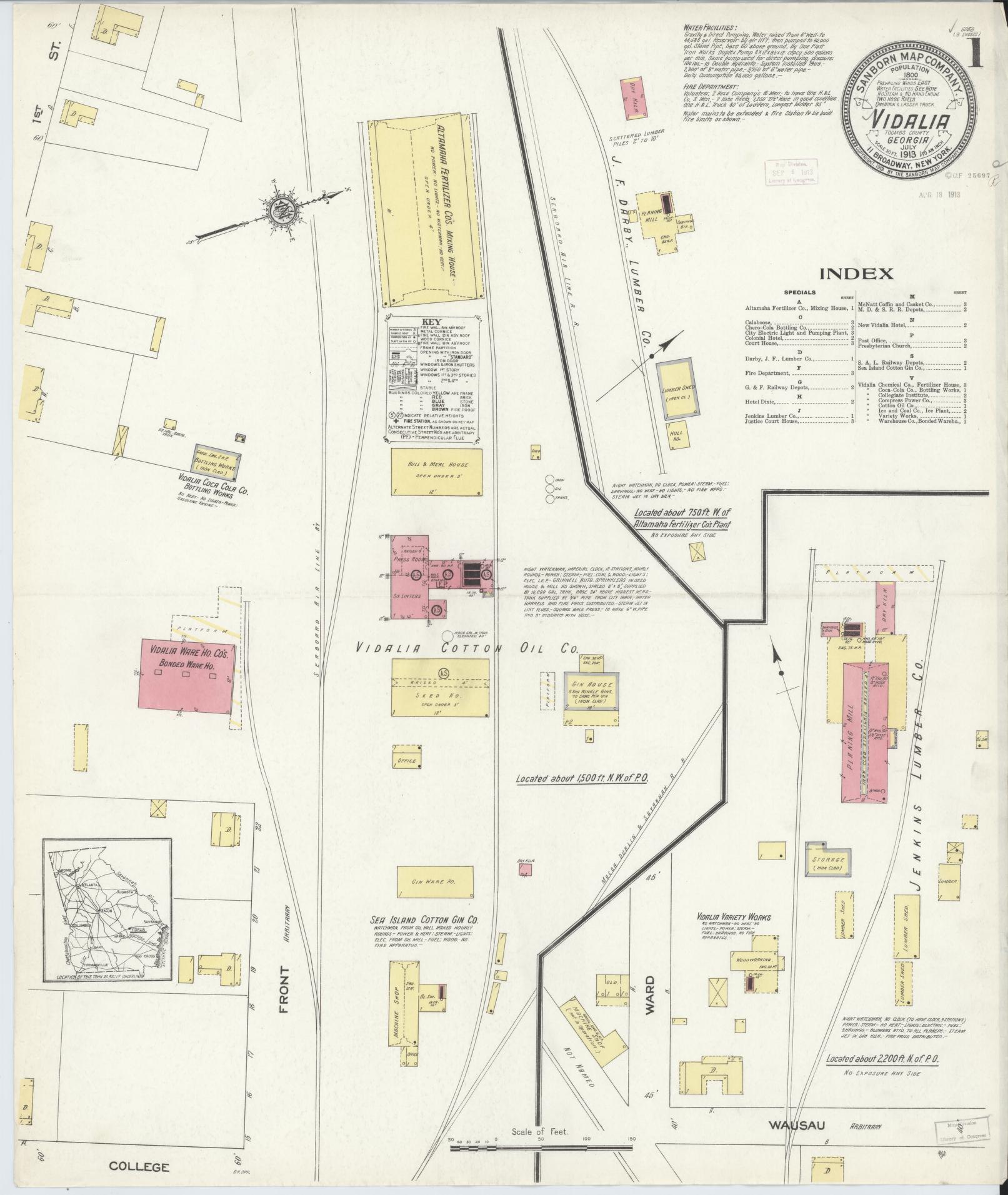 Sanborn Fire Insurance Map from Vidalia, Toombs County, Georgia (1913), Sheet #0001 - Complete Map Set gallery image, historic Sanborn map, vintage wall art, Georgia Georgia