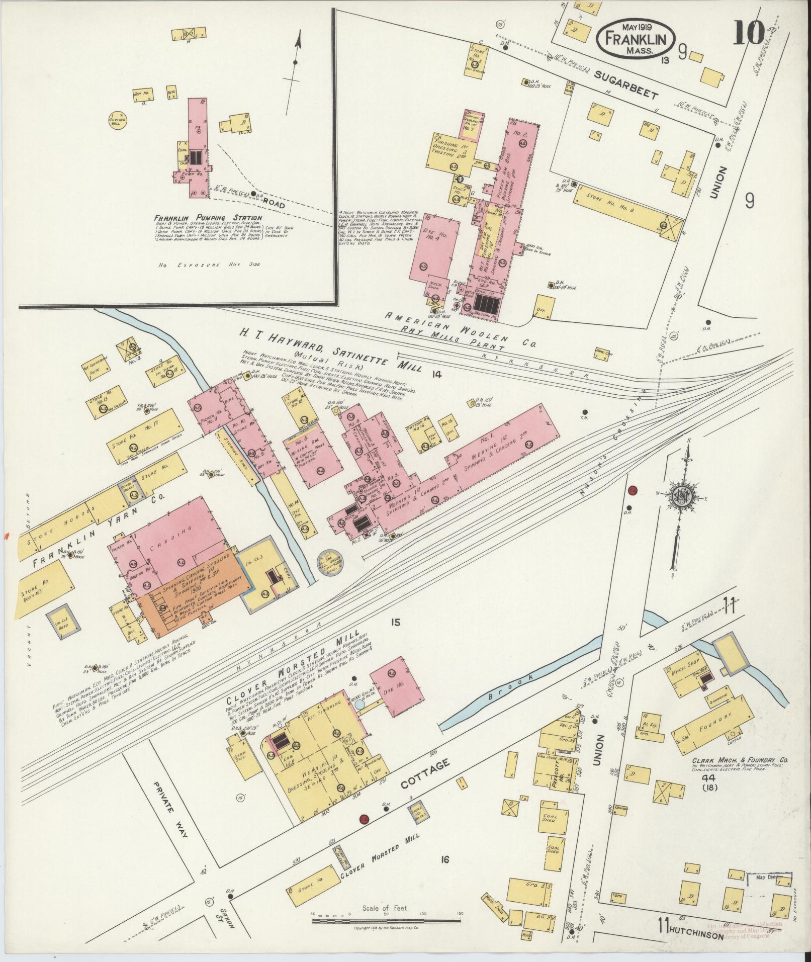 Sanborn Fire Insurance Map from Franklin, Norfolk County, Massachusetts (1919), Sheet #0010 - Historic Sanborn Fire Insurance Map Print, vintage old map wall art, antique decor, genealogy gift, Massachusetts Massachusetts map