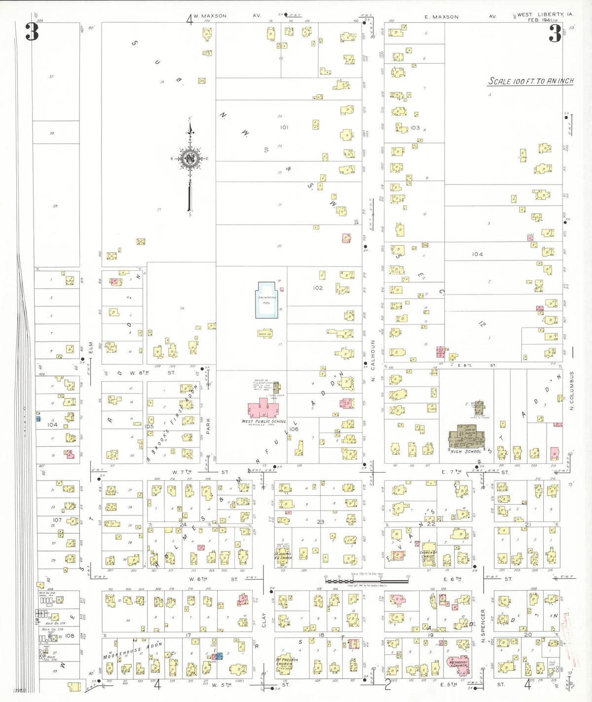 Sanborn Fire Insurance Map from West Liberty, Muscatine County, Iowa (1941), Sheet #0003 - Historic Sanborn Fire Insurance Map Print, vintage old map wall art