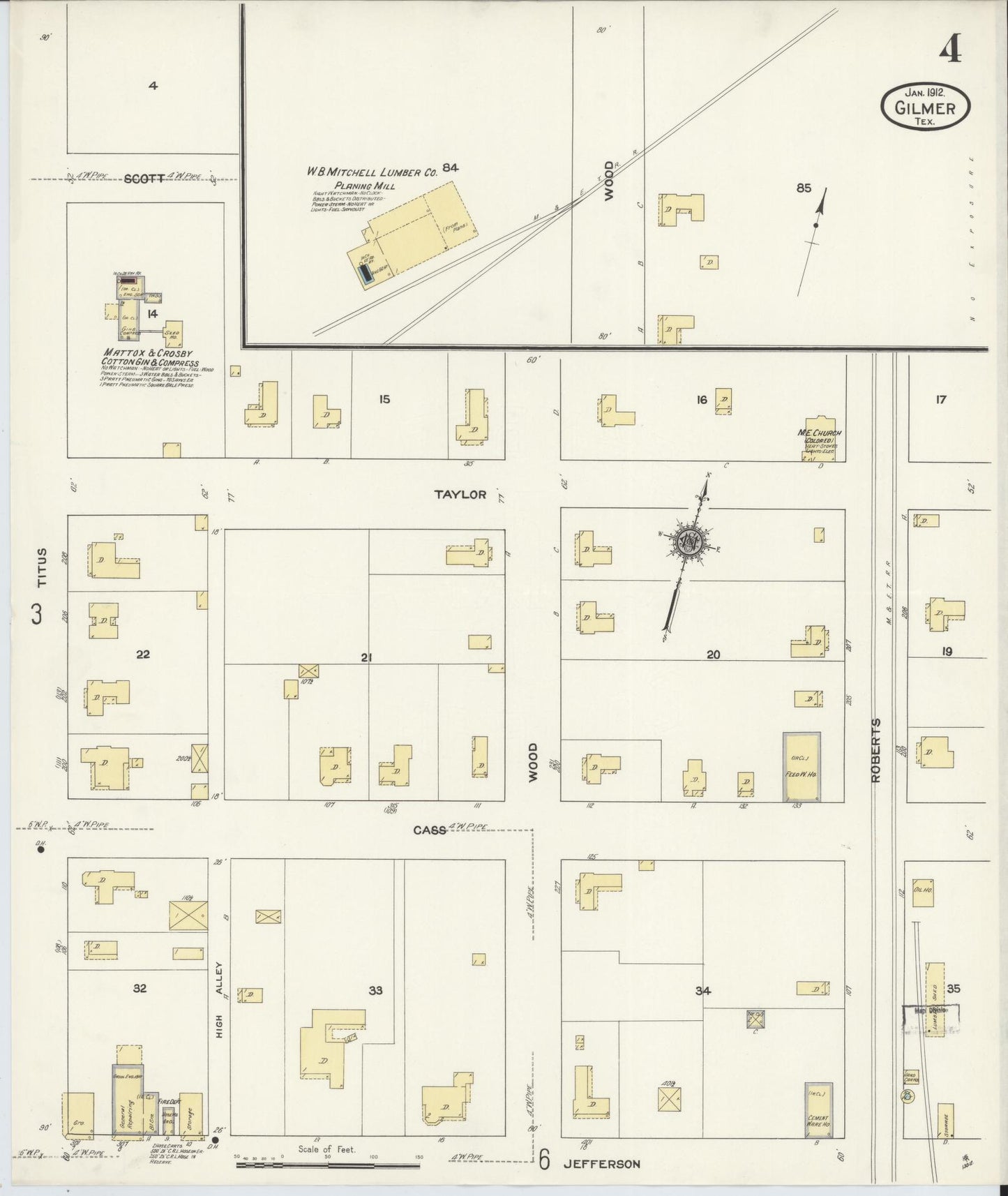 Sanborn Fire Insurance Map from Gilmer, Upshur County, Texas (1912), Sheet #0004 - Complete Map Set gallery image, historic Sanborn map, vintage wall art, Texas Texas