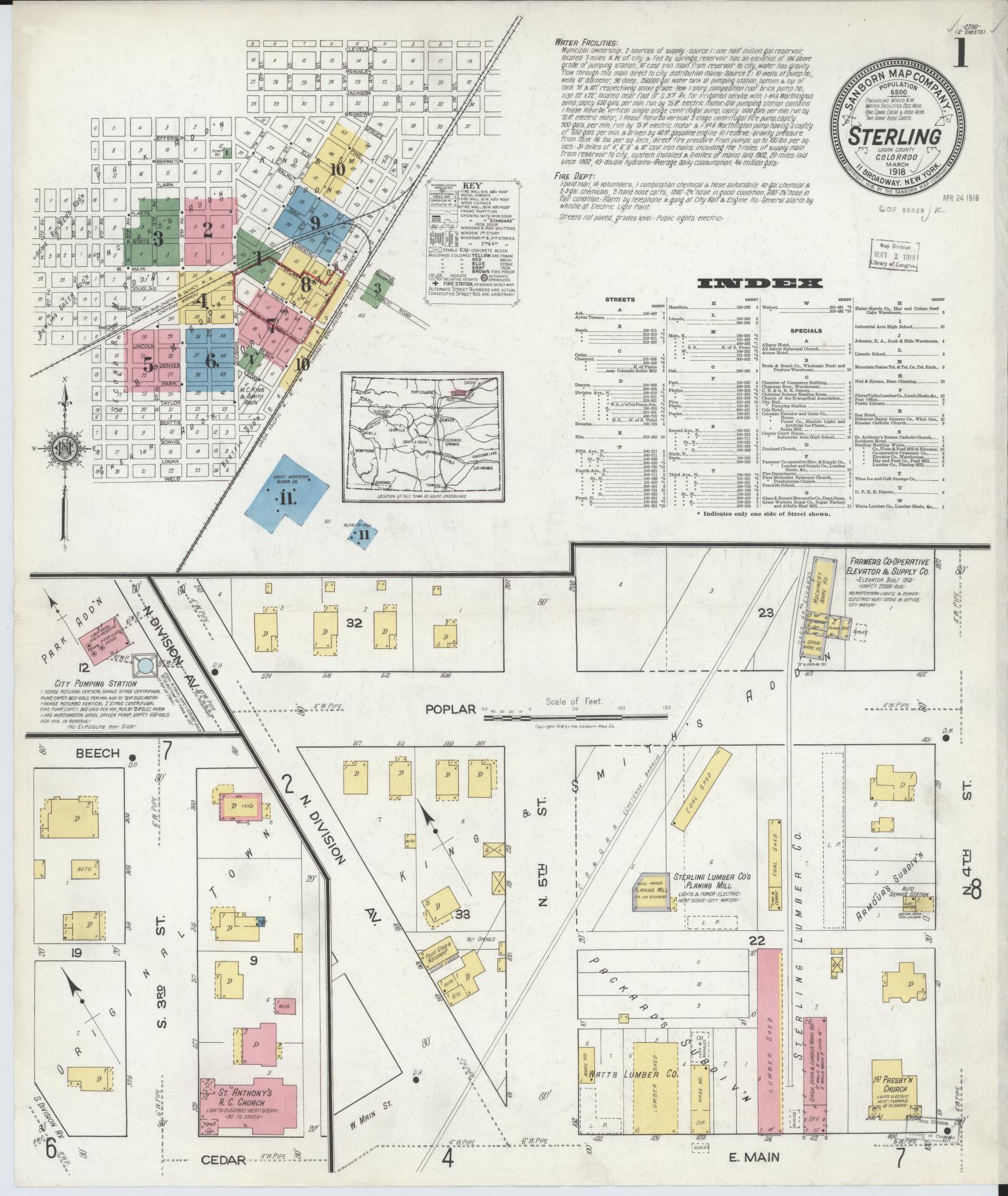 Sanborn Fire Insurance Map from Sterling, Logan County, Colorado (1918), Sheet #0001 - Complete Map Set gallery image, historic Sanborn map, vintage wall art, Colorado Colorado