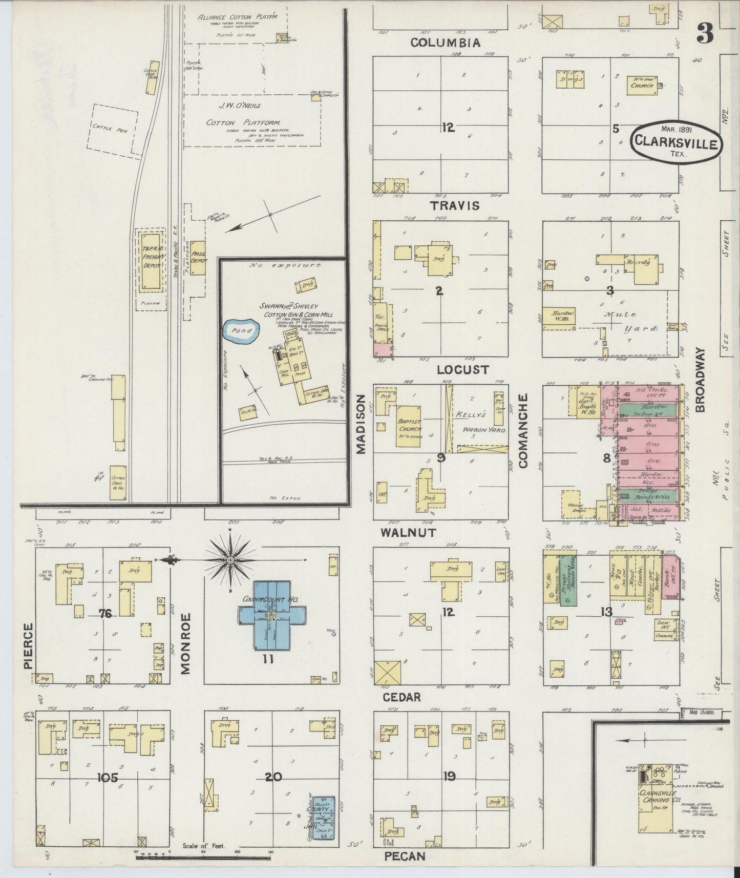 Sanborn Fire Insurance Map from Clarksville, Red River County, Texas (1891), Sheet #0003 - Historic Sanborn Fire Insurance Map Print, vintage old map wall art, antique decor, genealogy gift, Texas Texas map