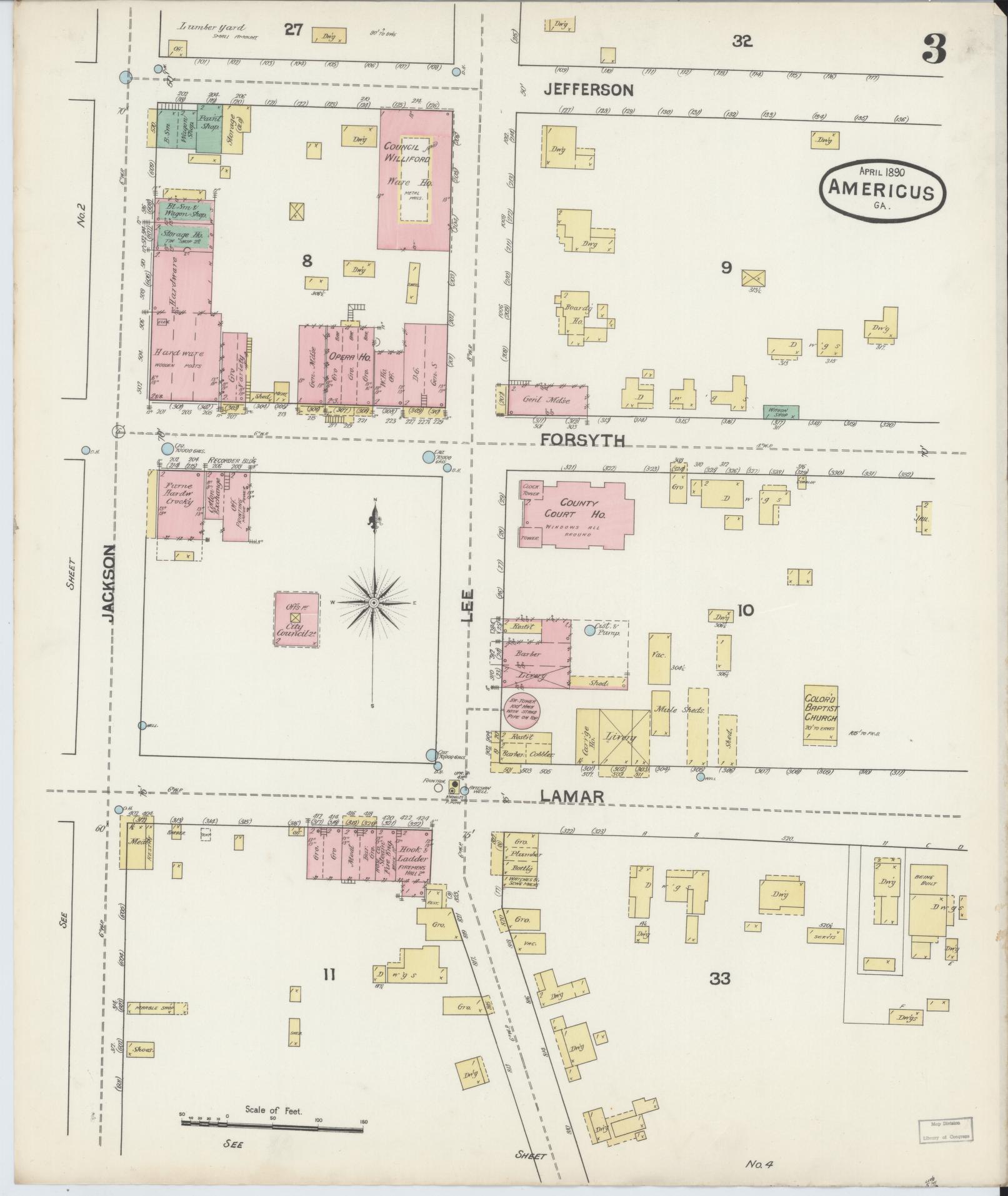 Sanborn Fire Insurance Map from Americus, Sumter County, Georgia (1890), Sheet #0003 - Complete Map Set gallery image, historic Sanborn map, vintage wall art, Georgia Georgia