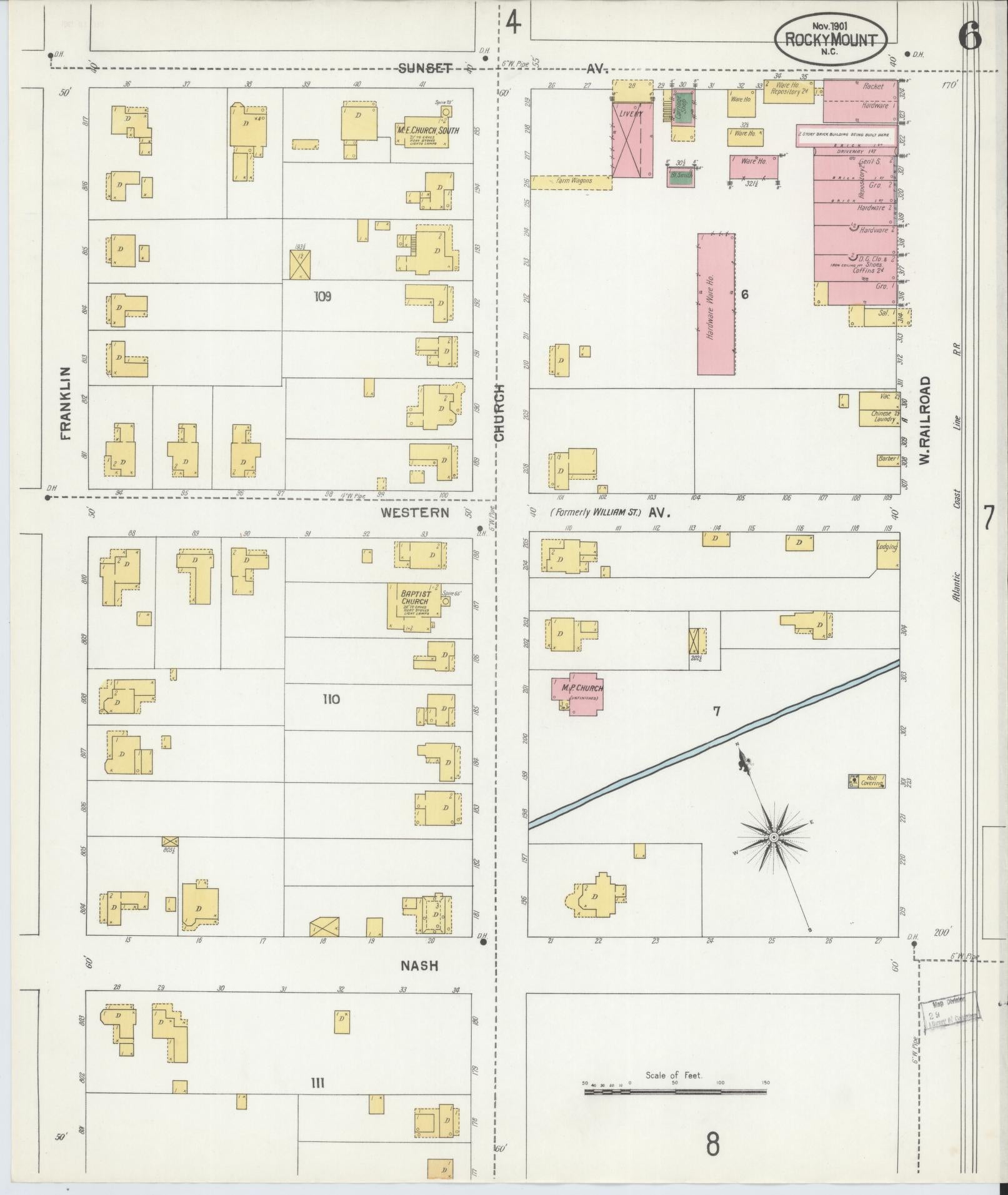 Sanborn Fire Insurance Map from Rocky Mount, Edgecombe And Nash Counties, North Carolina (1901), Sheet #0006 - Historic Sanborn Fire Insurance Map Print, vintage old map wall art, antique decor, genealogy gift, North Carolina North Carolina map