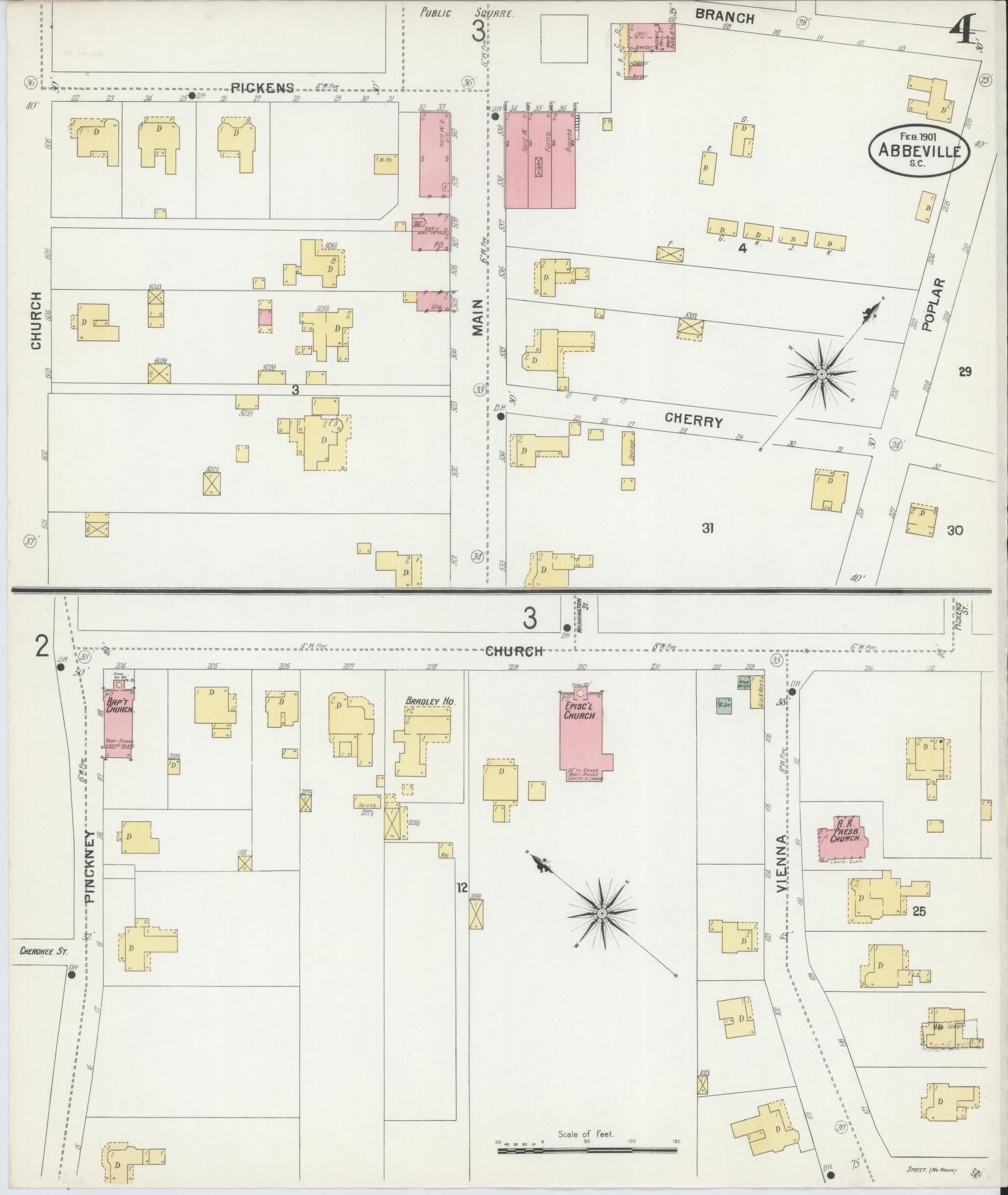 Sanborn Fire Insurance Map from Abbeville, Abbeville County, South Carolina (1901), Sheet #0004 - Complete Map Set gallery image, historic Sanborn map, vintage wall art, South Carolina South Carolina