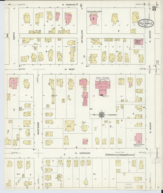 Sanborn Fire Insurance Map from Hillsdale, Hillsdale County, Michigan (1913), Sheet #0008 - Historic Sanborn Fire Insurance Map Print, vintage old map wall art, antique decor, genealogy gift, Michigan Michigan map