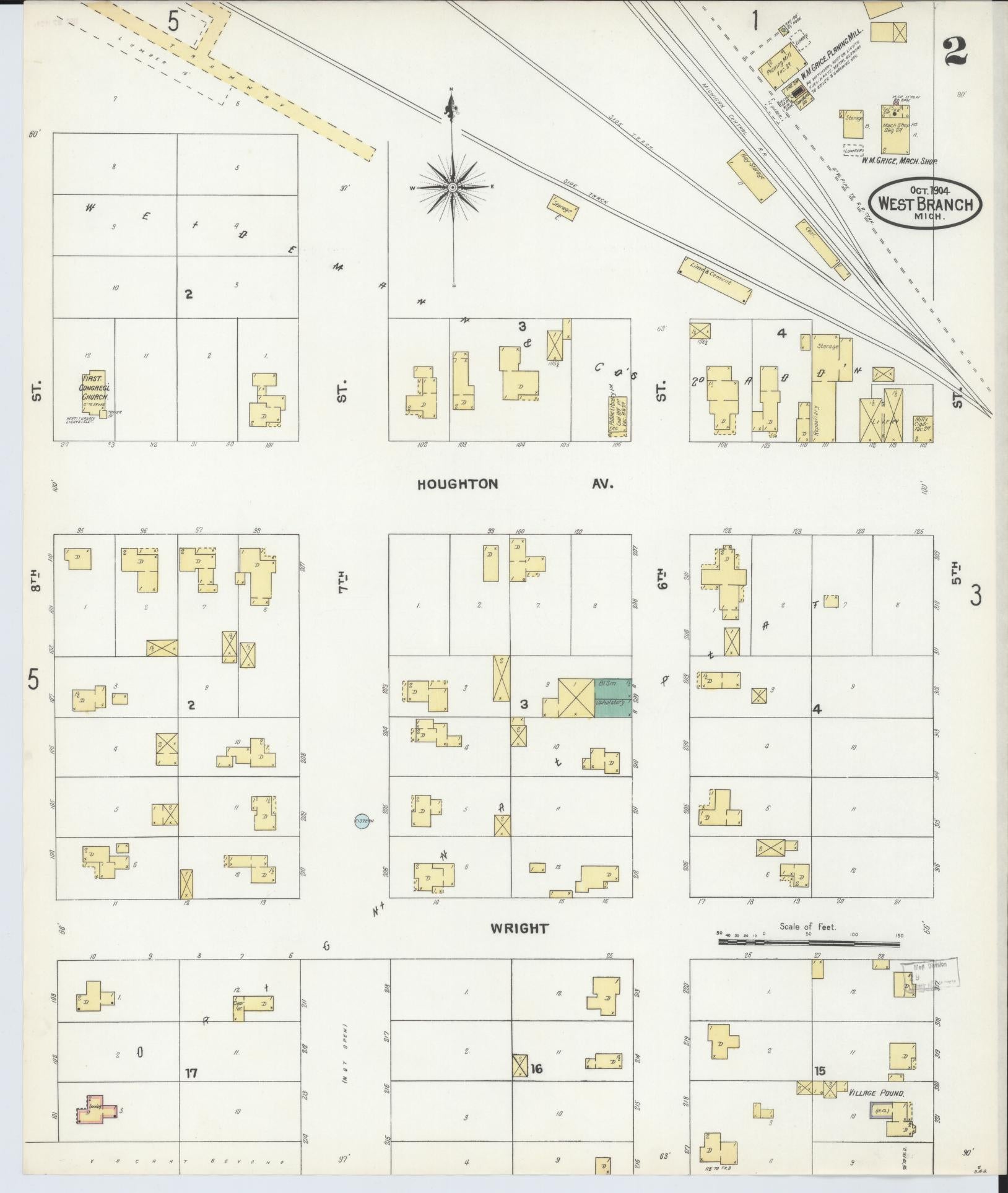 Sanborn Fire Insurance Map from West Branch, Ogemaw County, Michigan (1904), Sheet #0002 - Historic Sanborn Fire Insurance Map Print, vintage old map wall art, antique decor, genealogy gift, Michigan Michigan map