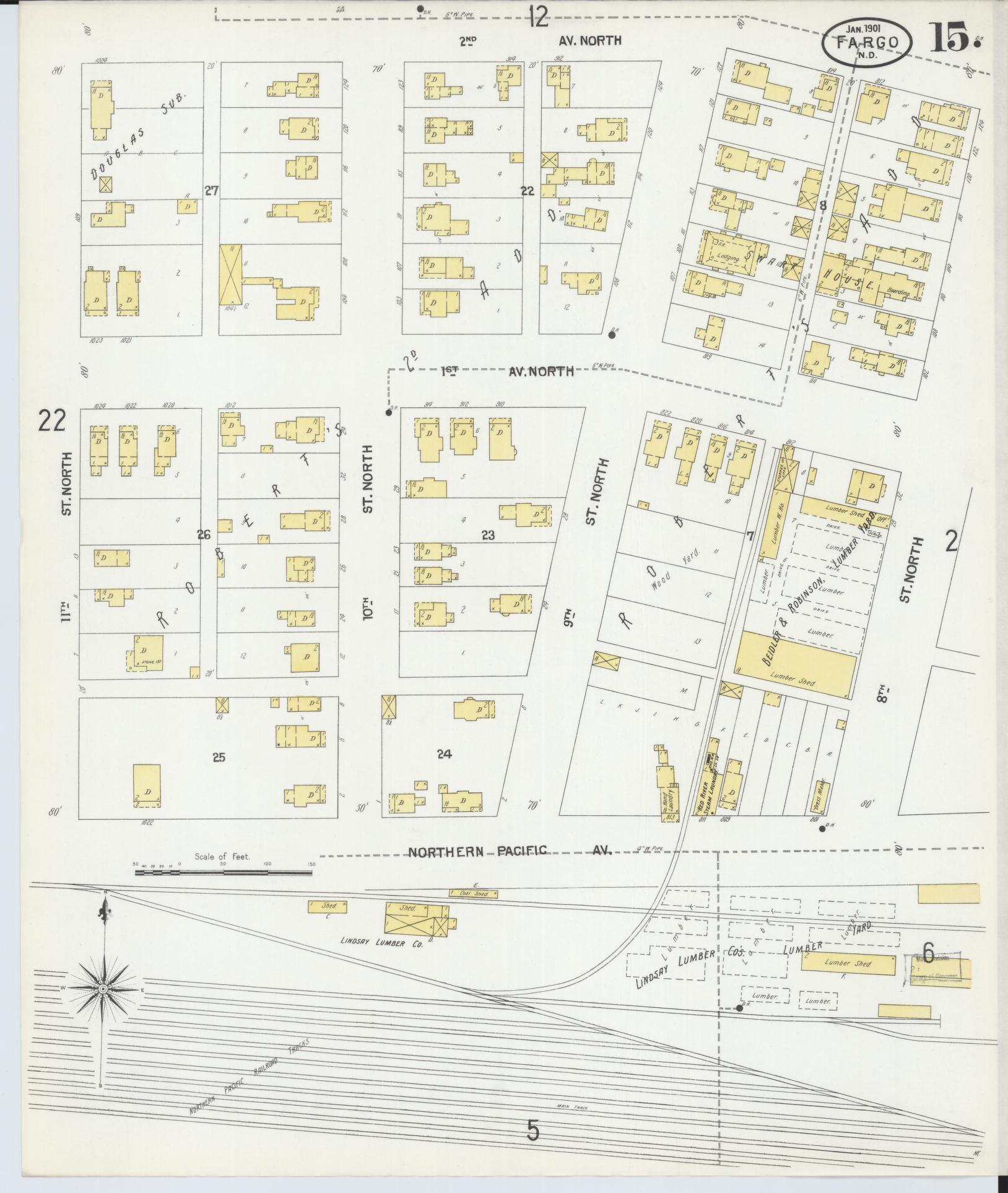 Sanborn Fire Insurance Map from Fargo, Cass County, North Dakota (1901), Sheet #0015 - Historic Sanborn Fire Insurance Map Print, vintage old map wall art, antique decor, genealogy gift, North Dakota North Dakota map