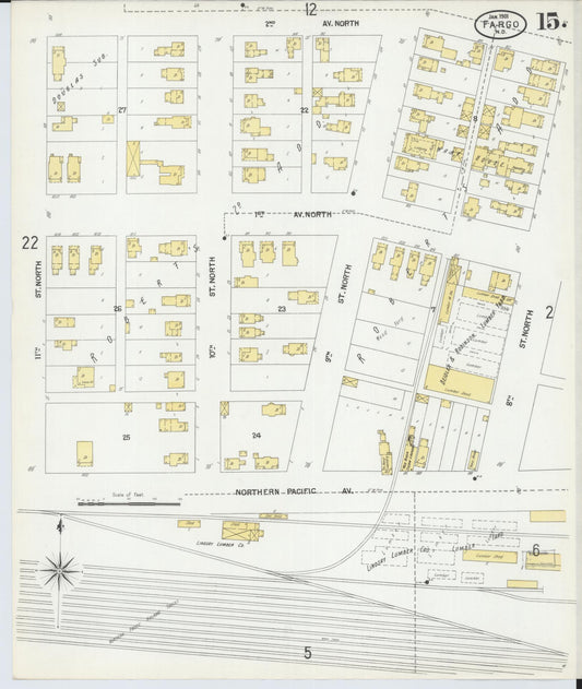 Sanborn Fire Insurance Map from Fargo, Cass County, North Dakota (1901), Sheet #0015 - Historic Sanborn Fire Insurance Map Print, vintage old map wall art, antique decor, genealogy gift, North Dakota North Dakota map