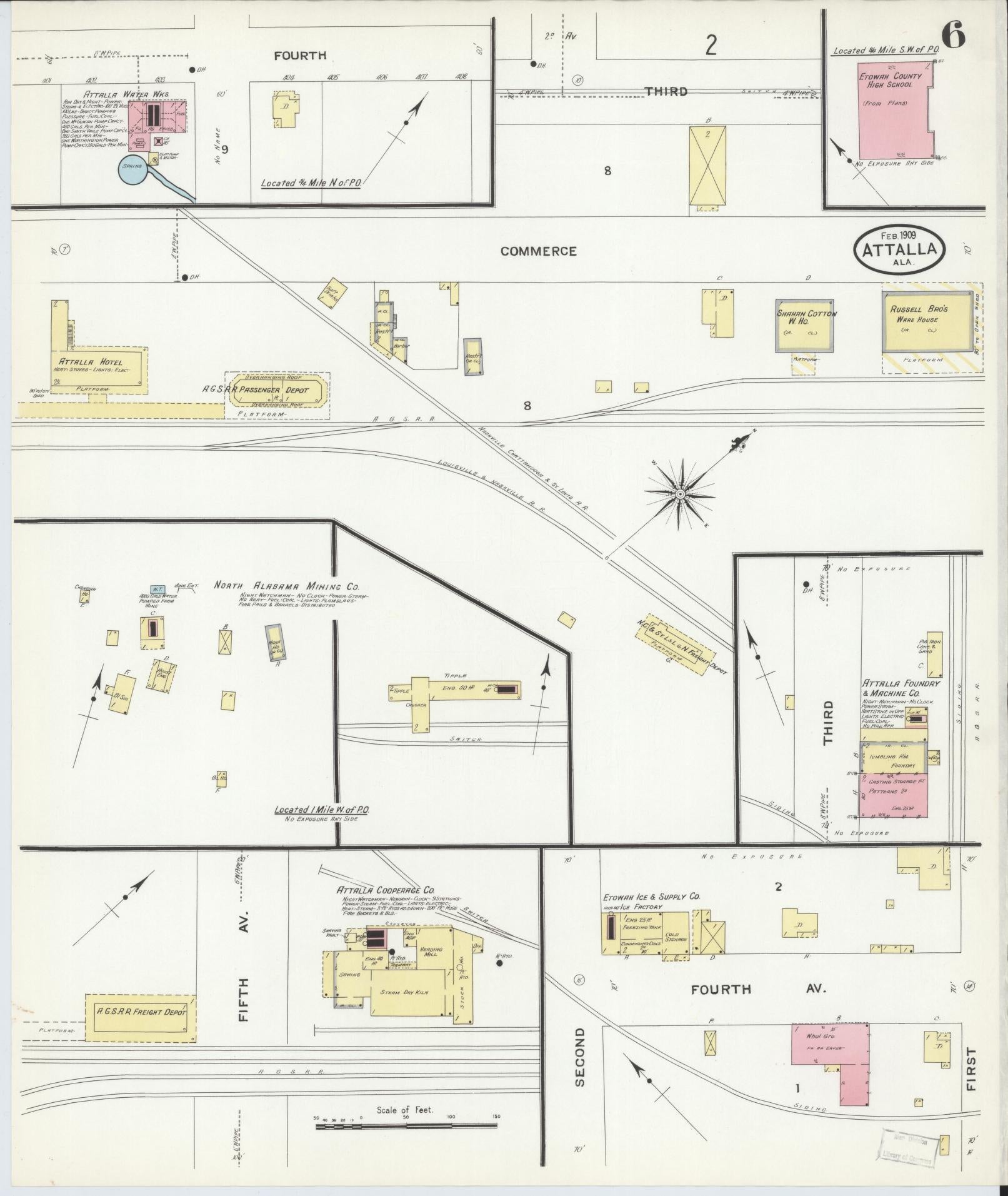 Sanborn Fire Insurance Map from Attalla, Etowah County, Alabama (1909), Sheet #0006 - Historic Sanborn Fire Insurance Map Print, vintage old map wall art, antique decor, genealogy gift, Alabama Alabama map