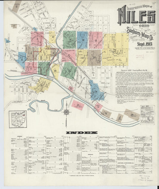 Sanborn Fire Insurance Map from Niles, Trumbull County, Ohio (1915), Sheet #0001 - Historic Sanborn Fire Insurance Map Print, vintage old map wall art, antique decor, genealogy gift, Ohio Ohio map
