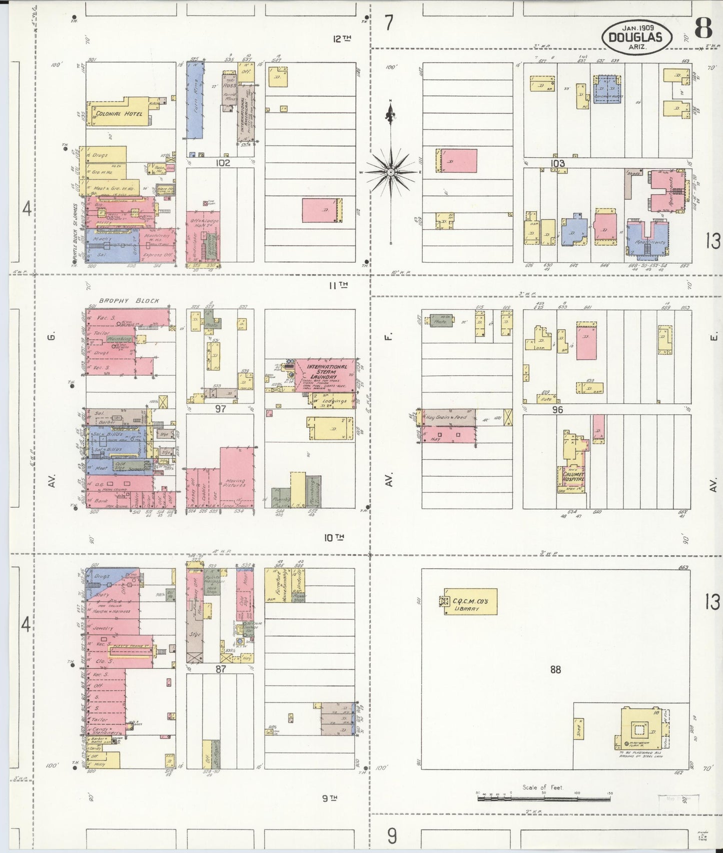 Sanborn Fire Insurance Map from Douglas, Cochise County, Arizona (1909), Sheet #0008 - Historic Sanborn Fire Insurance Map Print, vintage old map wall art, antique decor, genealogy gift, Arizona Arizona map