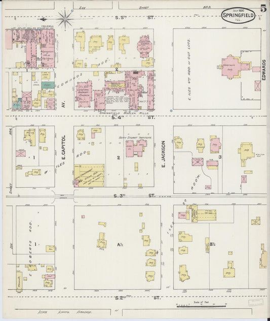 Sanborn Fire Insurance Map from Springfield, Sangamon County, Illinois (1890), Sheet #0005 - Historic Sanborn Fire Insurance Map Print, vintage old map wall art, antique decor, genealogy gift, Illinois Illinois map