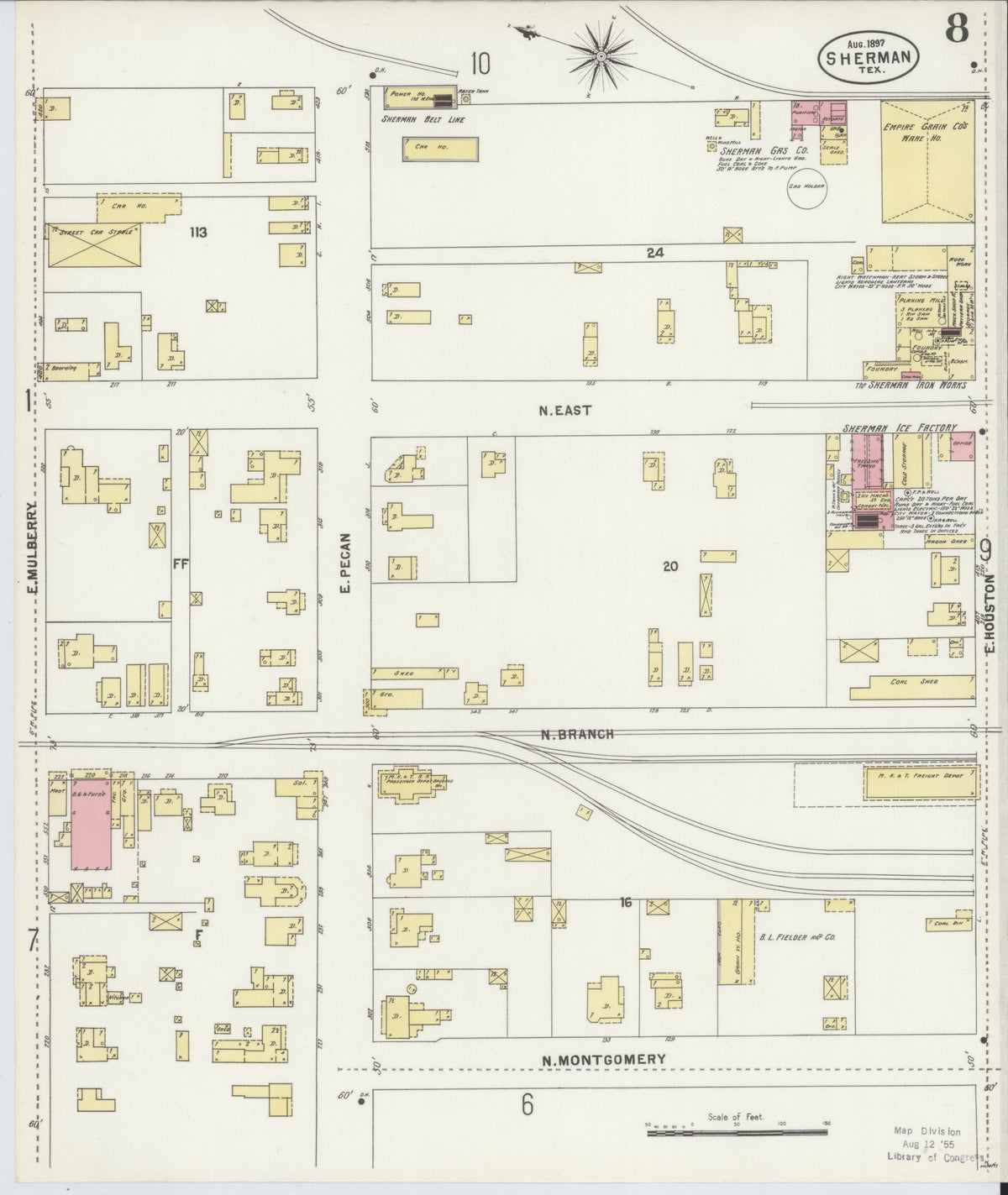 Sanborn Fire Insurance Map from Sherman, Grayson County, Texas (1897), Sheet #0008 - Historic Sanborn Fire Insurance Map Print, vintage old map wall art, antique decor, genealogy gift, Texas Texas map