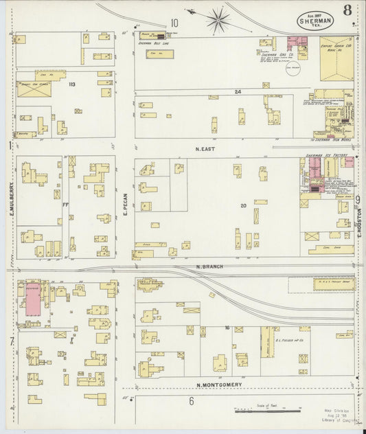 Sanborn Fire Insurance Map from Sherman, Grayson County, Texas (1897), Sheet #0008 - Historic Sanborn Fire Insurance Map Print, vintage old map wall art, antique decor, genealogy gift, Texas Texas map