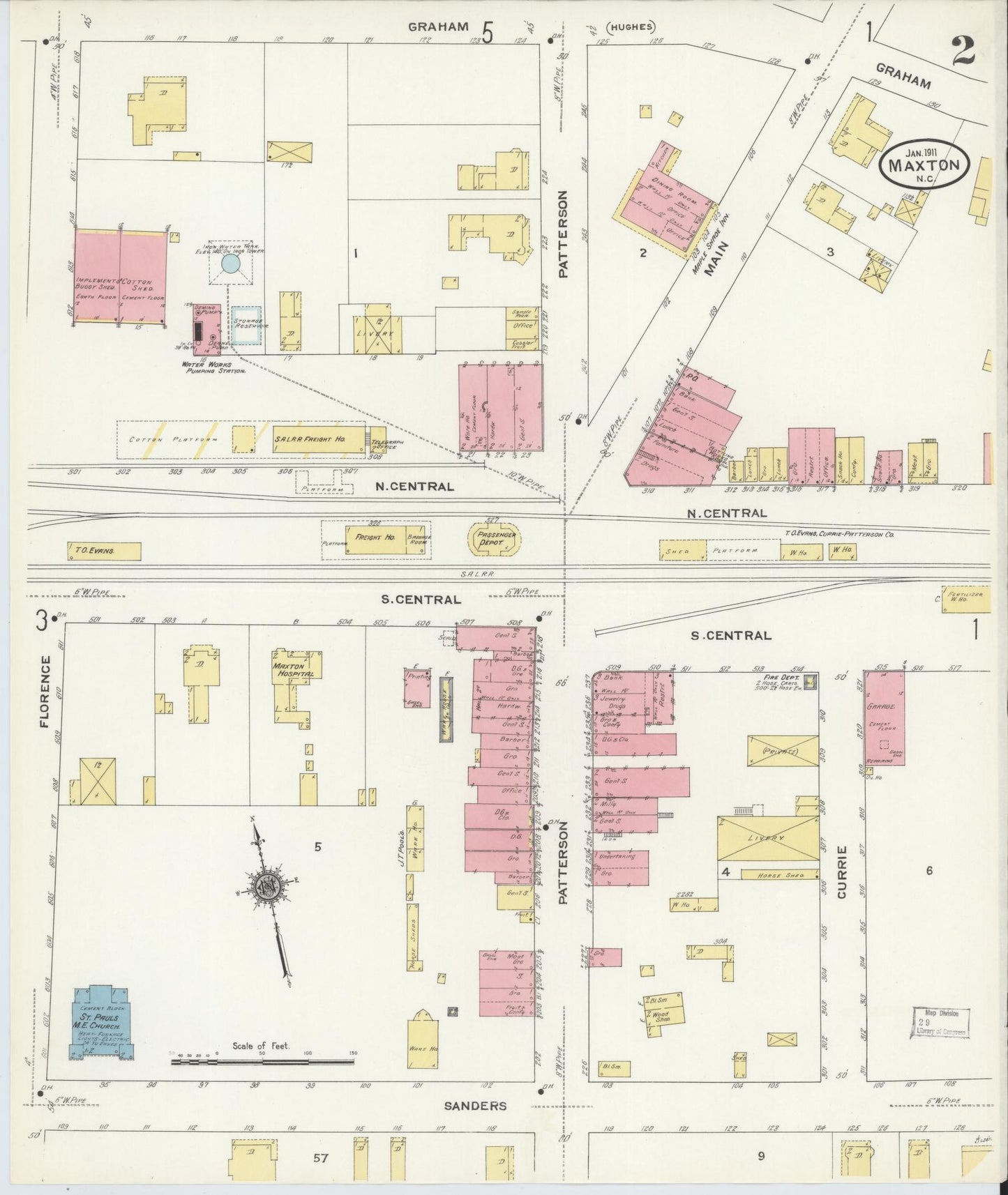 Sanborn Fire Insurance Map from Maxton, Robeson County, North Carolina (1911), Sheet #0002 - Complete Map Set gallery image, historic Sanborn map, vintage wall art, North Carolina North Carolina