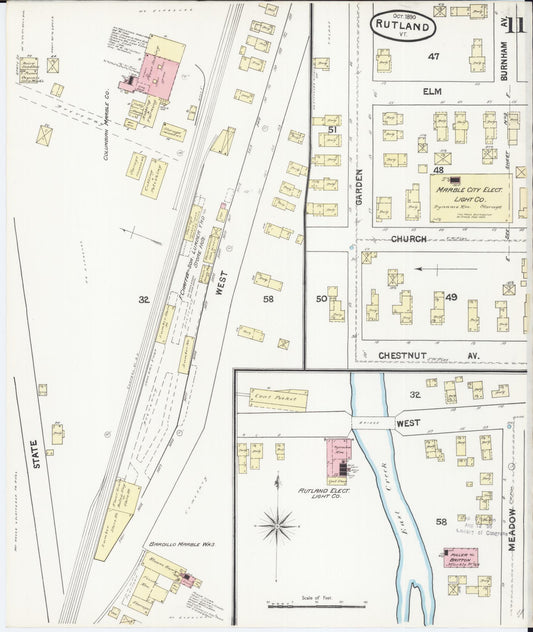 Sanborn Fire Insurance Map from Rutland, Rutland County, Vermont (1890), Sheet #0011 - Historic Sanborn Fire Insurance Map Print, vintage old map wall art, antique decor, genealogy gift, Vermont Vermont map