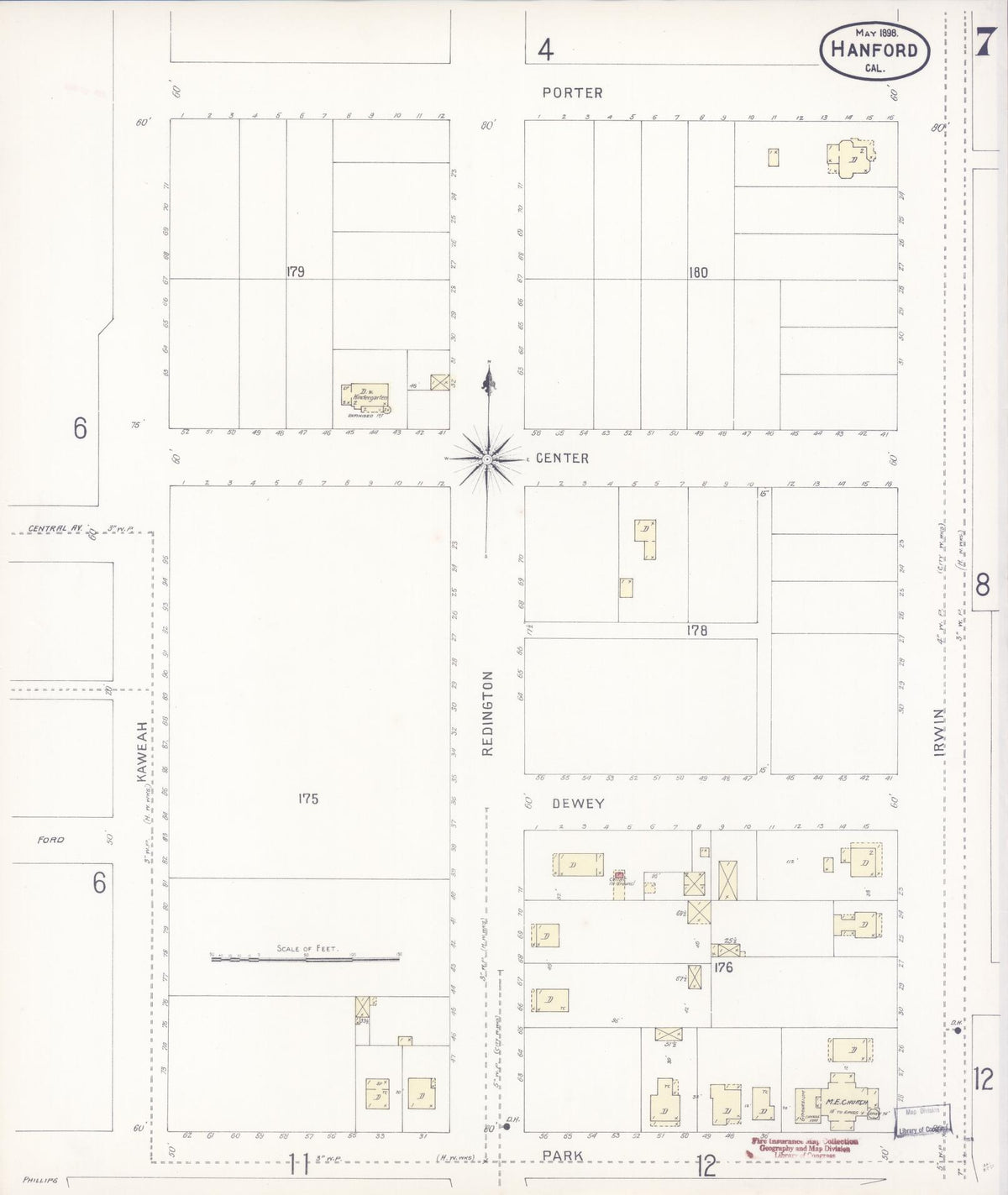 Sanborn Fire Insurance Map from Hanford, Kings County, California (1898), Sheet #0007 - Complete Map Set gallery image, historic Sanborn map, vintage wall art, California California