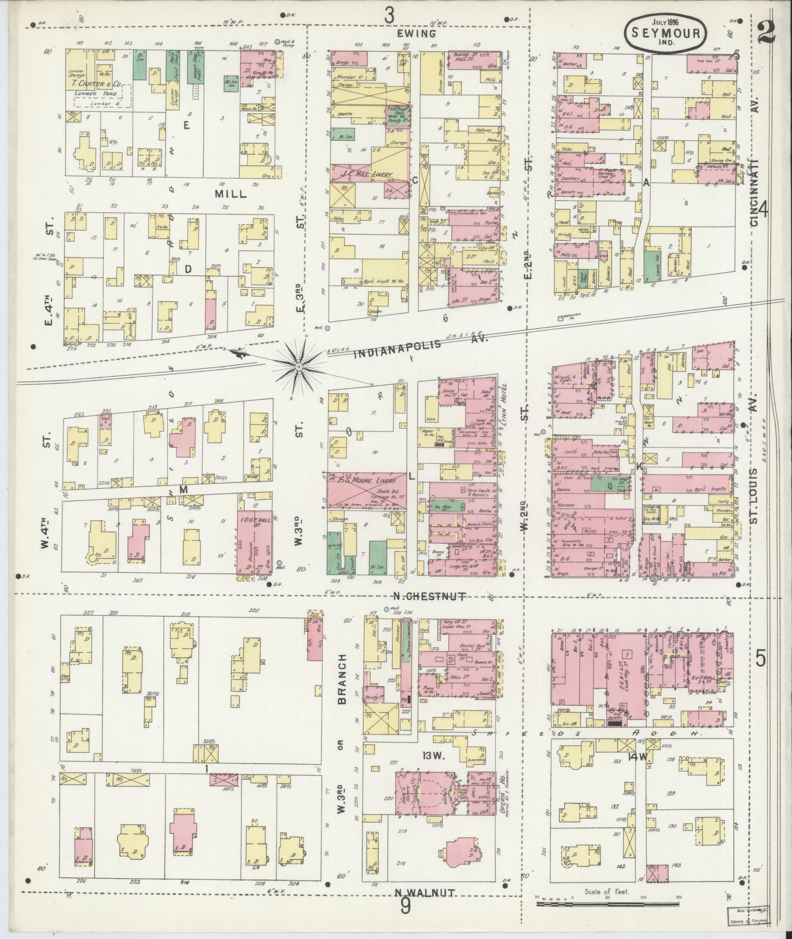 Sanborn Fire Insurance Map from Seymour, Jackson County, Indiana (1896), Sheet #0002 - Historic Sanborn Fire Insurance Map Print, vintage old map wall art, antique decor, genealogy gift, Indiana Indiana map