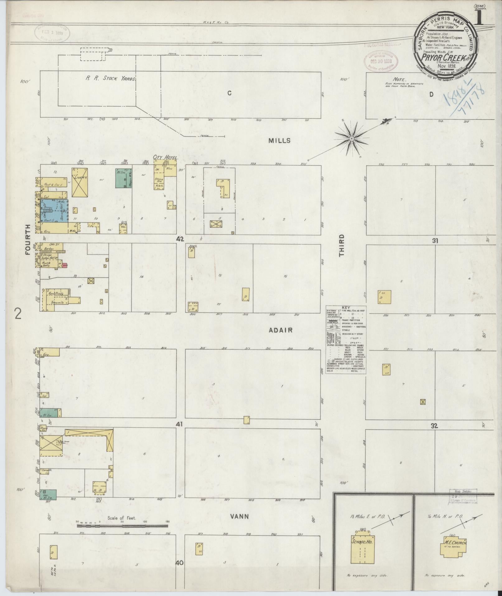 Sanborn Fire Insurance Map from Pryor Creek, Mayes County, Oklahoma (1898), Sheet #0001 - Historic Sanborn Fire Insurance Map Print, vintage old map wall art, antique decor, genealogy gift, Oklahoma Oklahoma map
