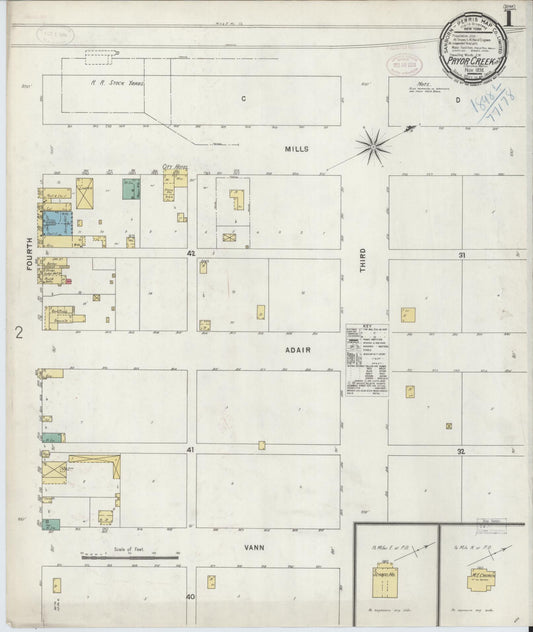 Sanborn Fire Insurance Map from Pryor Creek, Mayes County, Oklahoma (1898), Sheet #0001 - Historic Sanborn Fire Insurance Map Print, vintage old map wall art, antique decor, genealogy gift, Oklahoma Oklahoma map