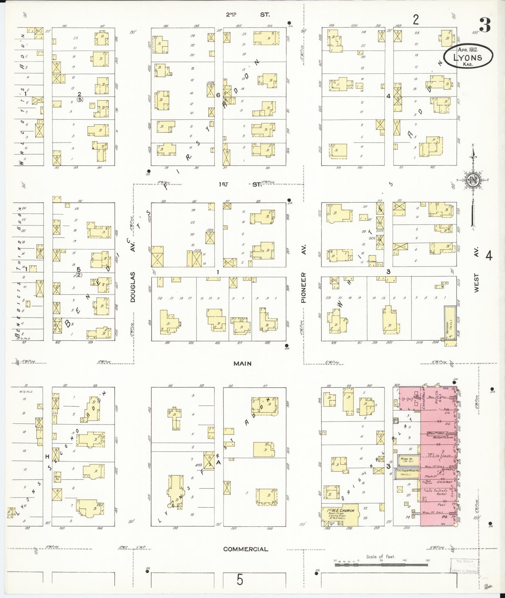 Sanborn Fire Insurance Map from Lyons, Rice County, Kansas (1912), Sheet #0003 - Historic Sanborn Fire Insurance Map Print, vintage old map wall art, antique decor, genealogy gift, Kansas Kansas map