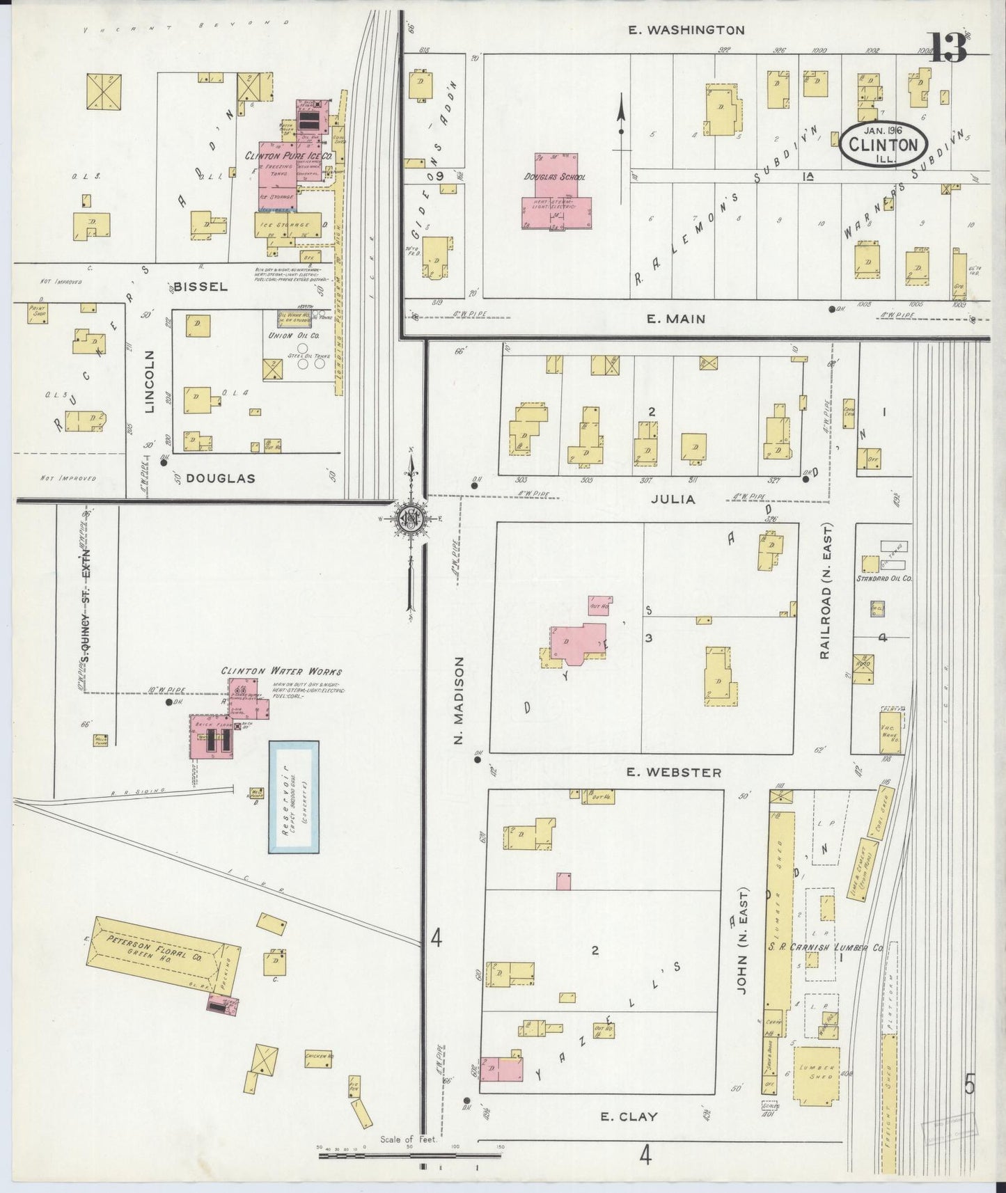 Sanborn Fire Insurance Map from Clinton, De Witt County, Illinois (1916), Sheet #0013 - Complete Map Set gallery image, historic Sanborn map, vintage wall art, Illinois Illinois