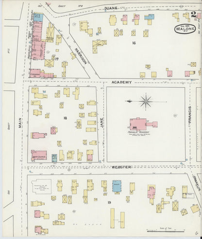 Sanborn Fire Insurance Map from Malone, Franklin County, New York (1892), Sheet #0002 - Complete Map Set gallery image, historic Sanborn map, vintage wall art, New York New York