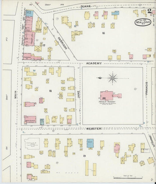 Sanborn Fire Insurance Map from Malone, Franklin County, New York (1892), Sheet #0002 - Complete Map Set gallery image, historic Sanborn map, vintage wall art, New York New York