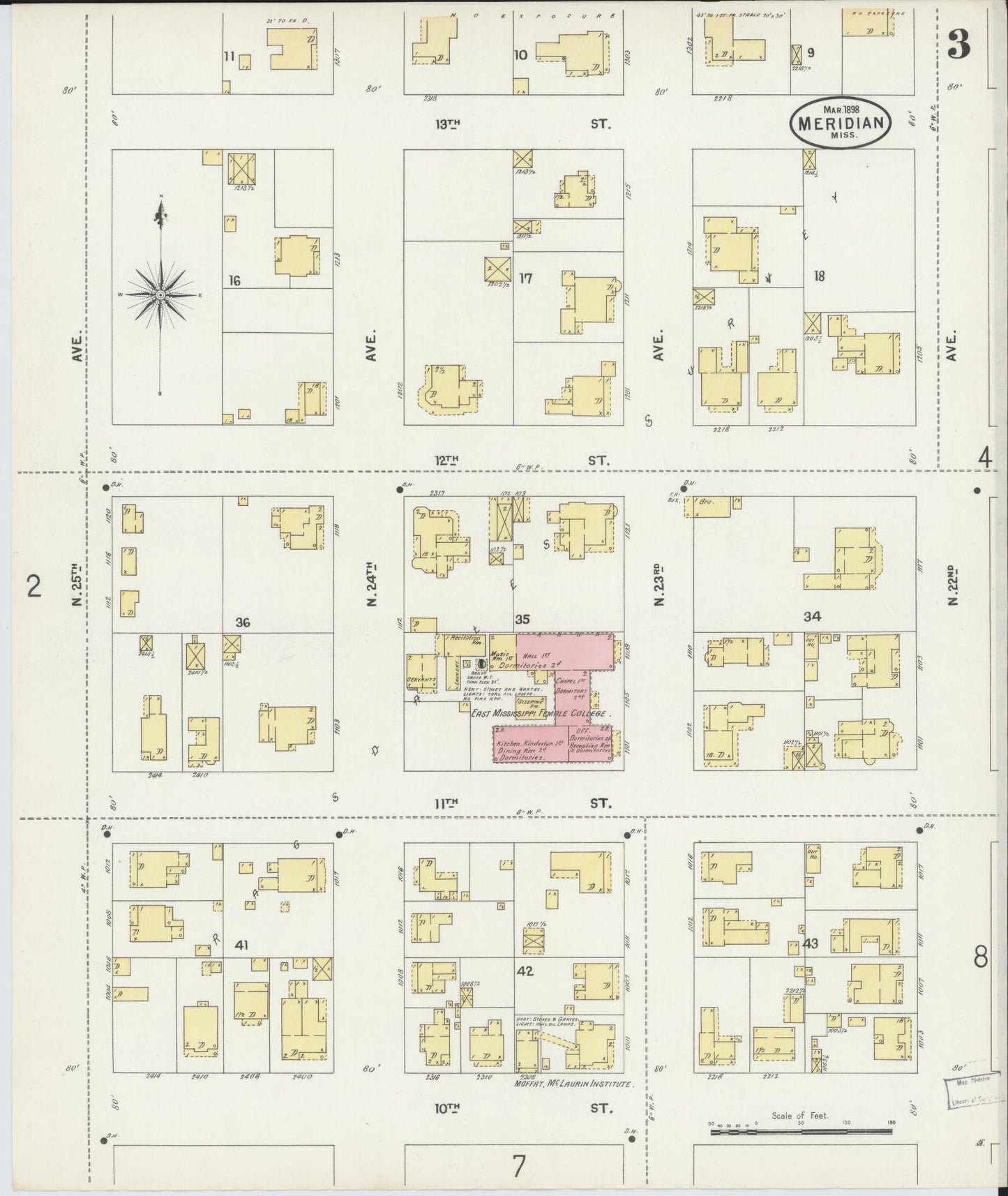 Sanborn Fire Insurance Map from Meridian, Lauderdale County, Mississippi (1898), Sheet #0003 - Historic Sanborn Fire Insurance Map Print, vintage old map wall art, antique decor, genealogy gift, Mississippi Mississippi map