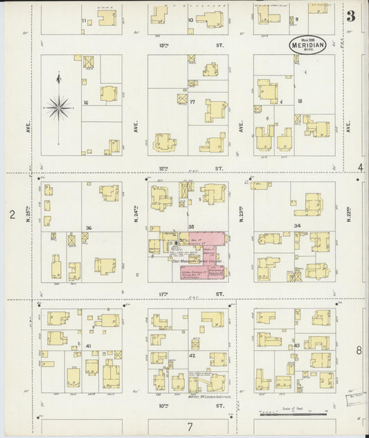 Sanborn Fire Insurance Map from Meridian, Lauderdale County, Mississippi (1898), Sheet #0003 - Historic Sanborn Fire Insurance Map Print, vintage old map wall art, antique decor, genealogy gift, Mississippi Mississippi map
