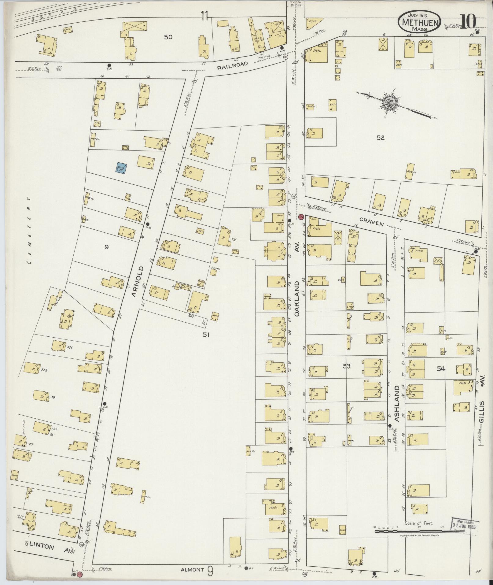 Sanborn Fire Insurance Map from Methuen, Essex County, Massachusetts (1919), Sheet #0010 - Historic Sanborn Fire Insurance Map Print, vintage old map wall art, antique decor, genealogy gift, Massachusetts Massachusetts map