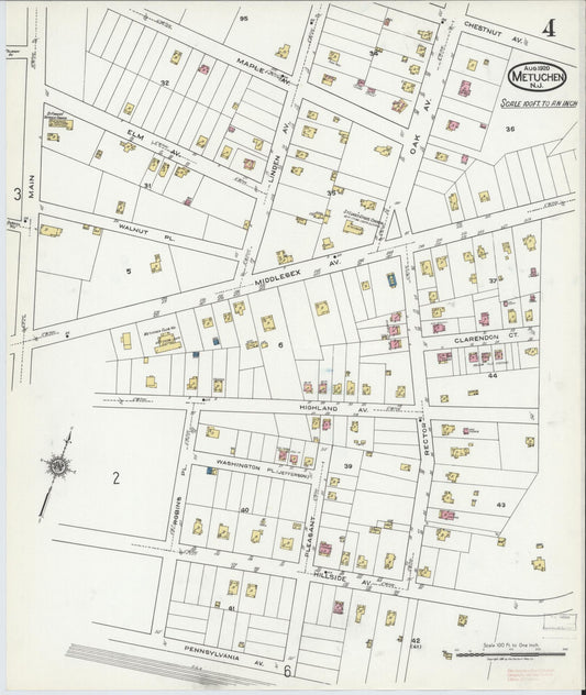 Sanborn Fire Insurance Map from Metuchen, Middlesex County, New Jersey (1920), Sheet #0004 - Historic Sanborn Fire Insurance Map Print, vintage old map wall art, antique decor, genealogy gift, New Jersey New Jersey map