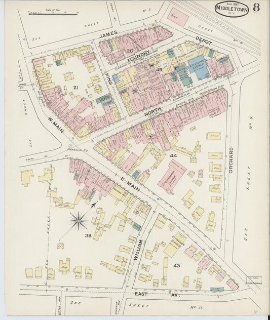 Sanborn Fire Insurance Map from Middletown, Orange County, New York (1887), Sheet #0007 - Historic Sanborn Fire Insurance Map Print, vintage old map wall art, antique decor, genealogy gift, New York New York map