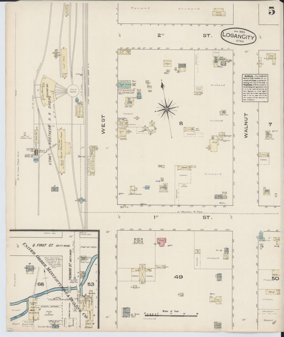 Sanborn Fire Insurance Map from Logan, Cache County, Utah (1885), Sheet #0005 - Complete Map Set gallery image, historic Sanborn map, vintage wall art, Utah Utah