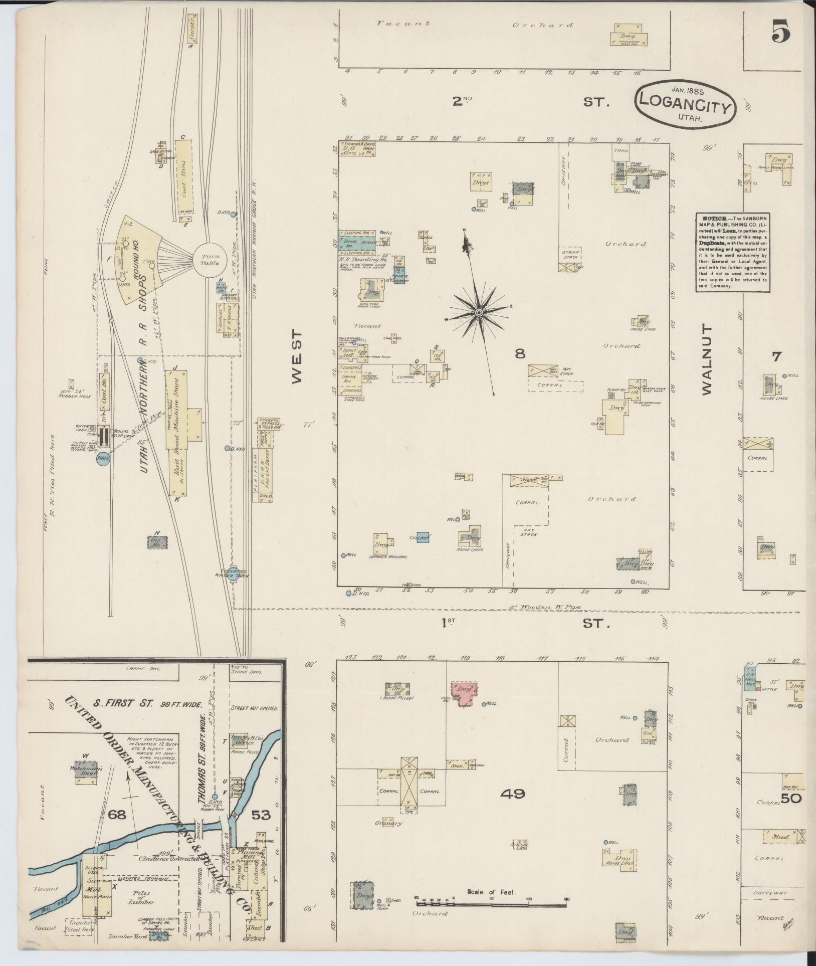 Sanborn Fire Insurance Map from Logan, Cache County, Utah (1885), Sheet #0005 - Complete Map Set gallery image, historic Sanborn map, vintage wall art, Utah Utah
