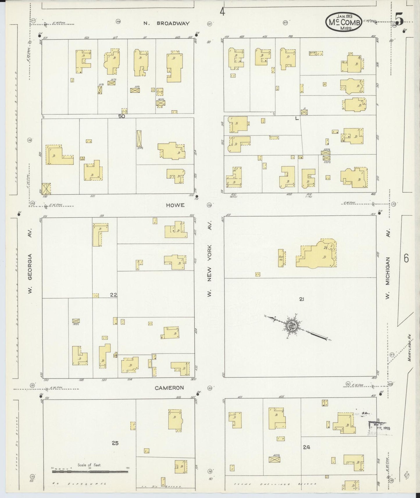 Sanborn Fire Insurance Map from McComb, Pike County, Mississippi (1913), Sheet #0005 - Historic Sanborn Fire Insurance Map Print, vintage old map wall art, antique decor, genealogy gift, Mississippi Mississippi map