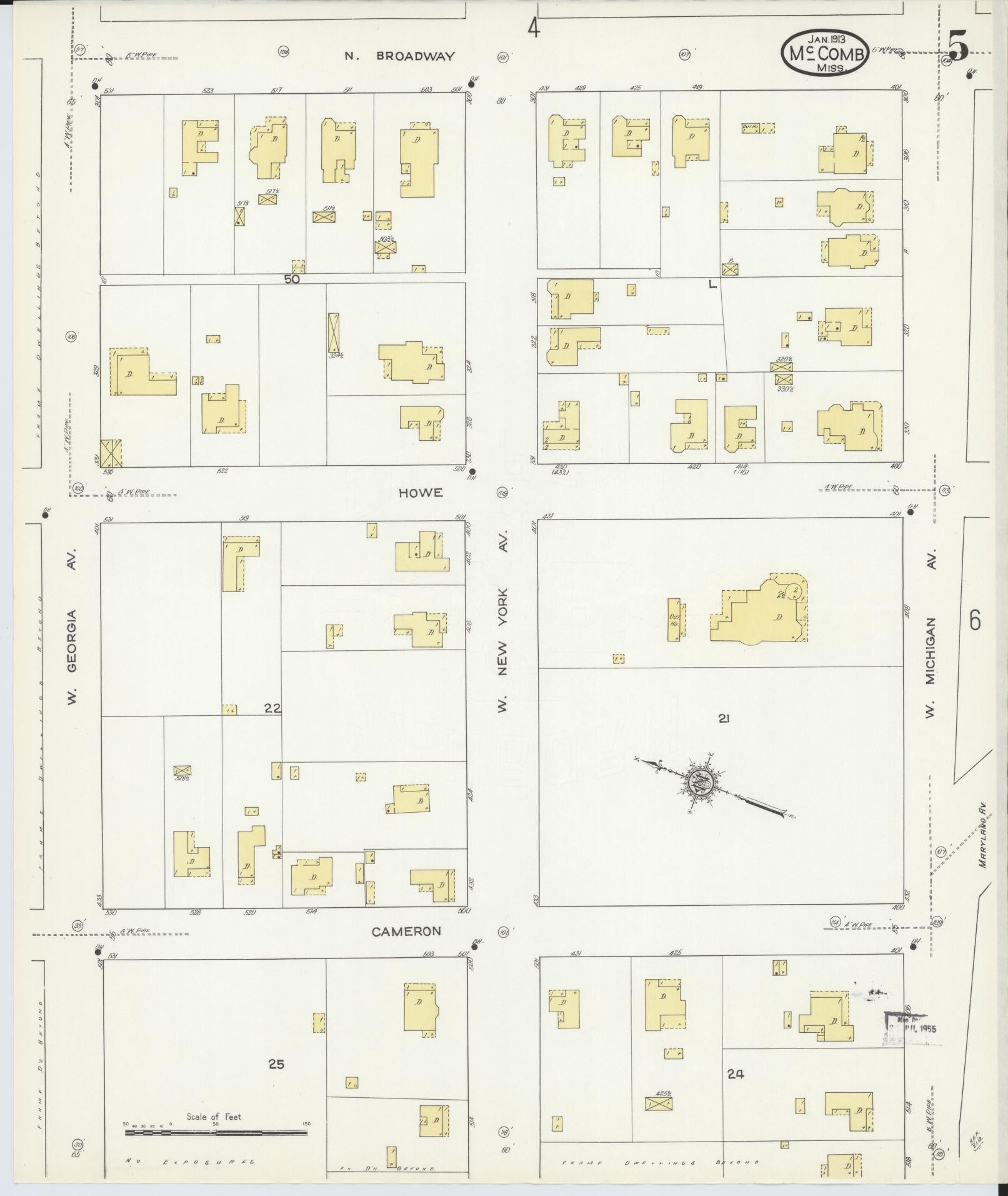 Sanborn Fire Insurance Map from McComb, Pike County, Mississippi (1913), Sheet #0005 - Historic Sanborn Fire Insurance Map Print, vintage old map wall art, antique decor, genealogy gift, Mississippi Mississippi map