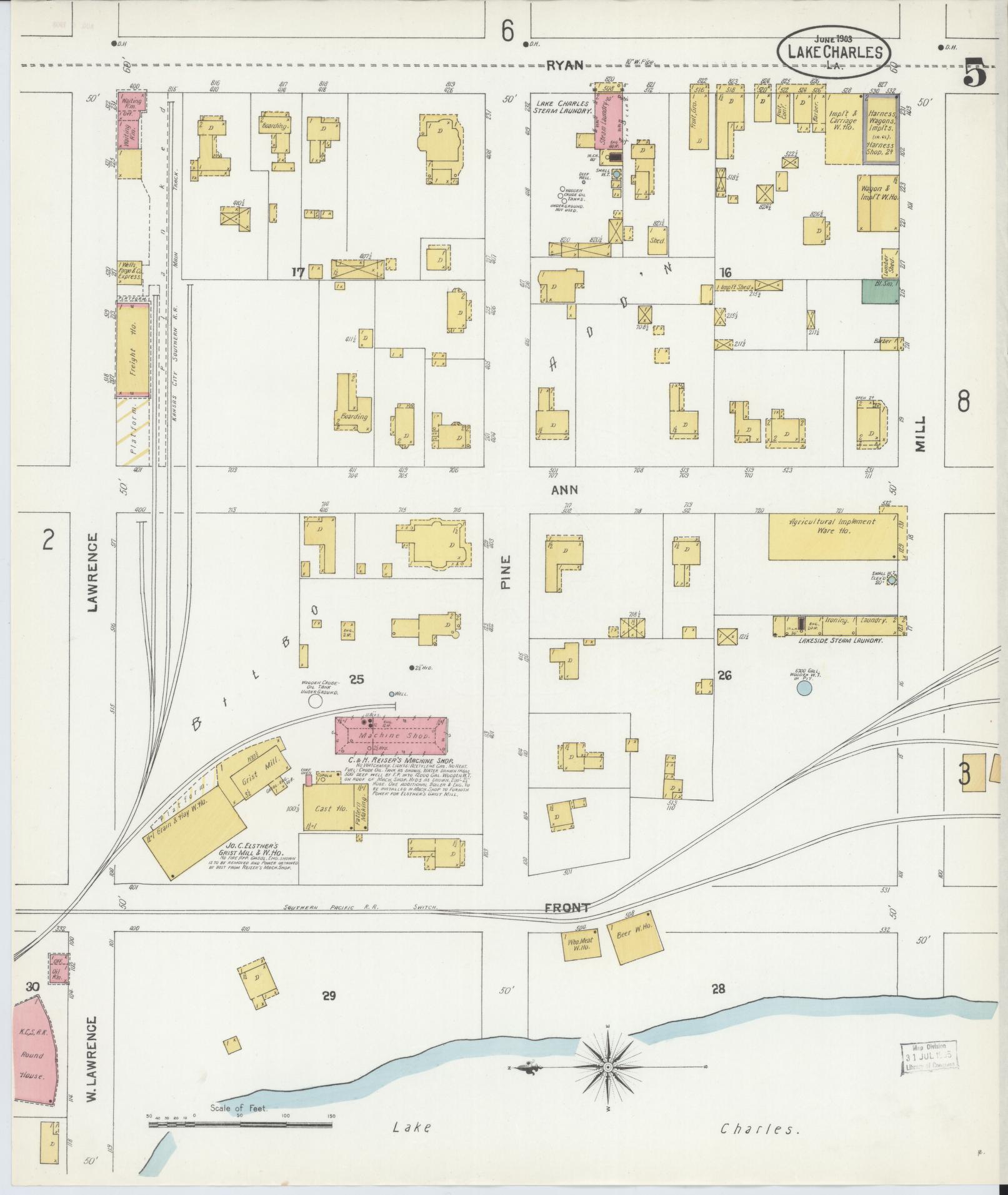Sanborn Fire Insurance Map from Lake Charles, Calcasieu Parish, Louisiana (1903), Sheet #0005 - Complete Map Set gallery image, historic Sanborn map, vintage wall art, Louisiana Louisiana