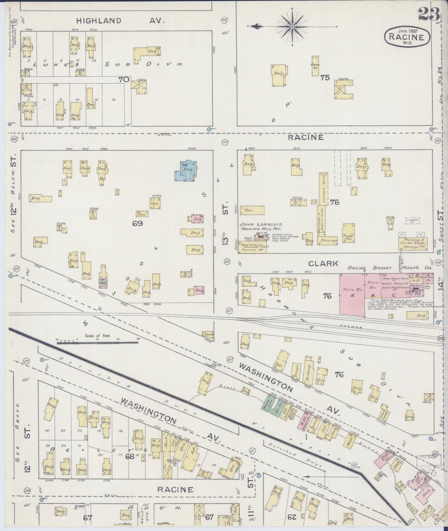 Sanborn Fire Insurance Map from Racine, Racine County, Wisconsin (1887), Sheet #0023 - Historic Sanborn Fire Insurance Map Print, vintage old map wall art, antique decor, genealogy gift, Wisconsin Wisconsin map