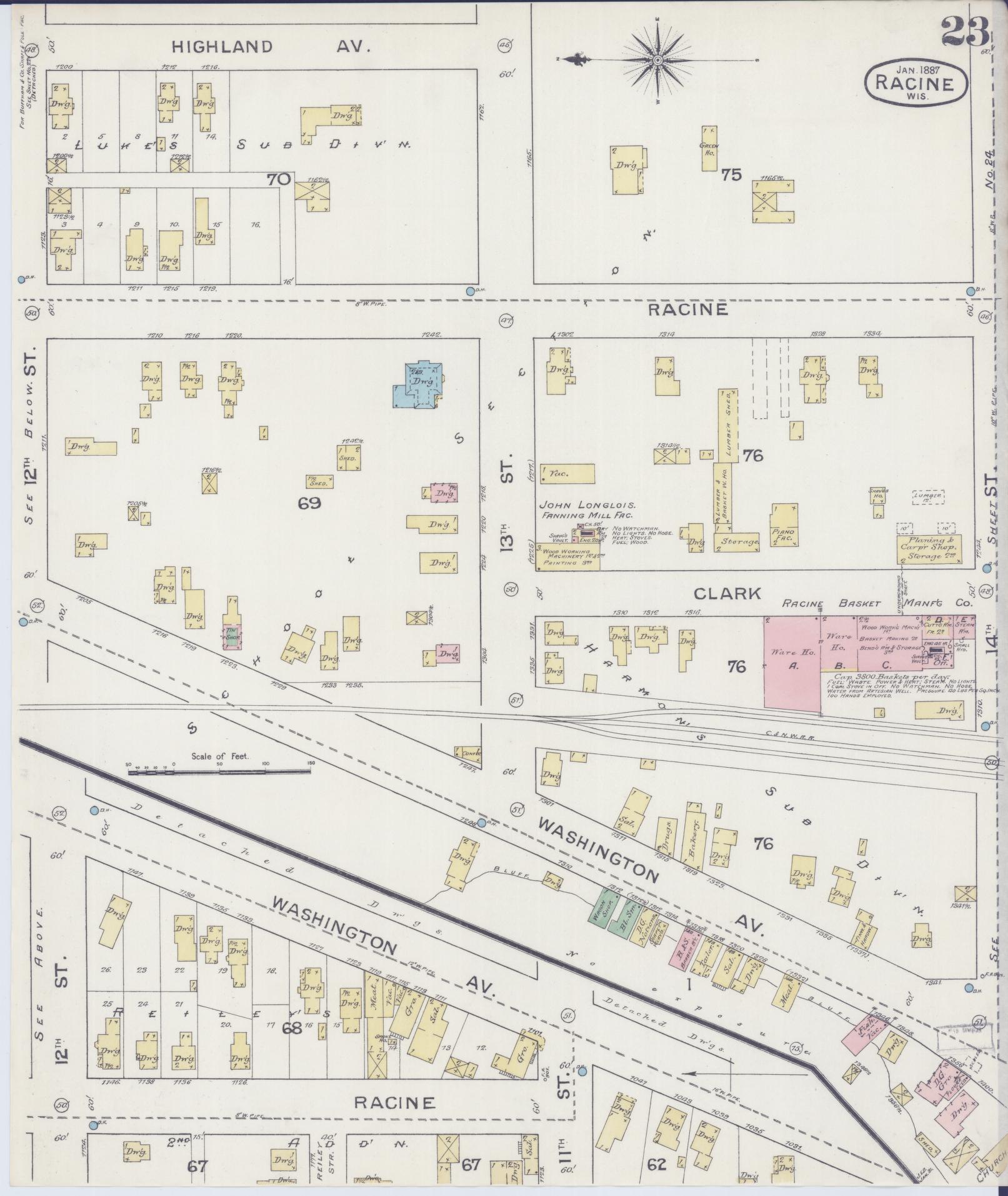 Sanborn Fire Insurance Map from Racine, Racine County, Wisconsin (1887), Sheet #0023 - Historic Sanborn Fire Insurance Map Print, vintage old map wall art, antique decor, genealogy gift, Wisconsin Wisconsin map