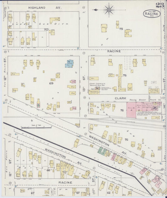 Sanborn Fire Insurance Map from Racine, Racine County, Wisconsin (1887), Sheet #0023 - Historic Sanborn Fire Insurance Map Print, vintage old map wall art, antique decor, genealogy gift, Wisconsin Wisconsin map