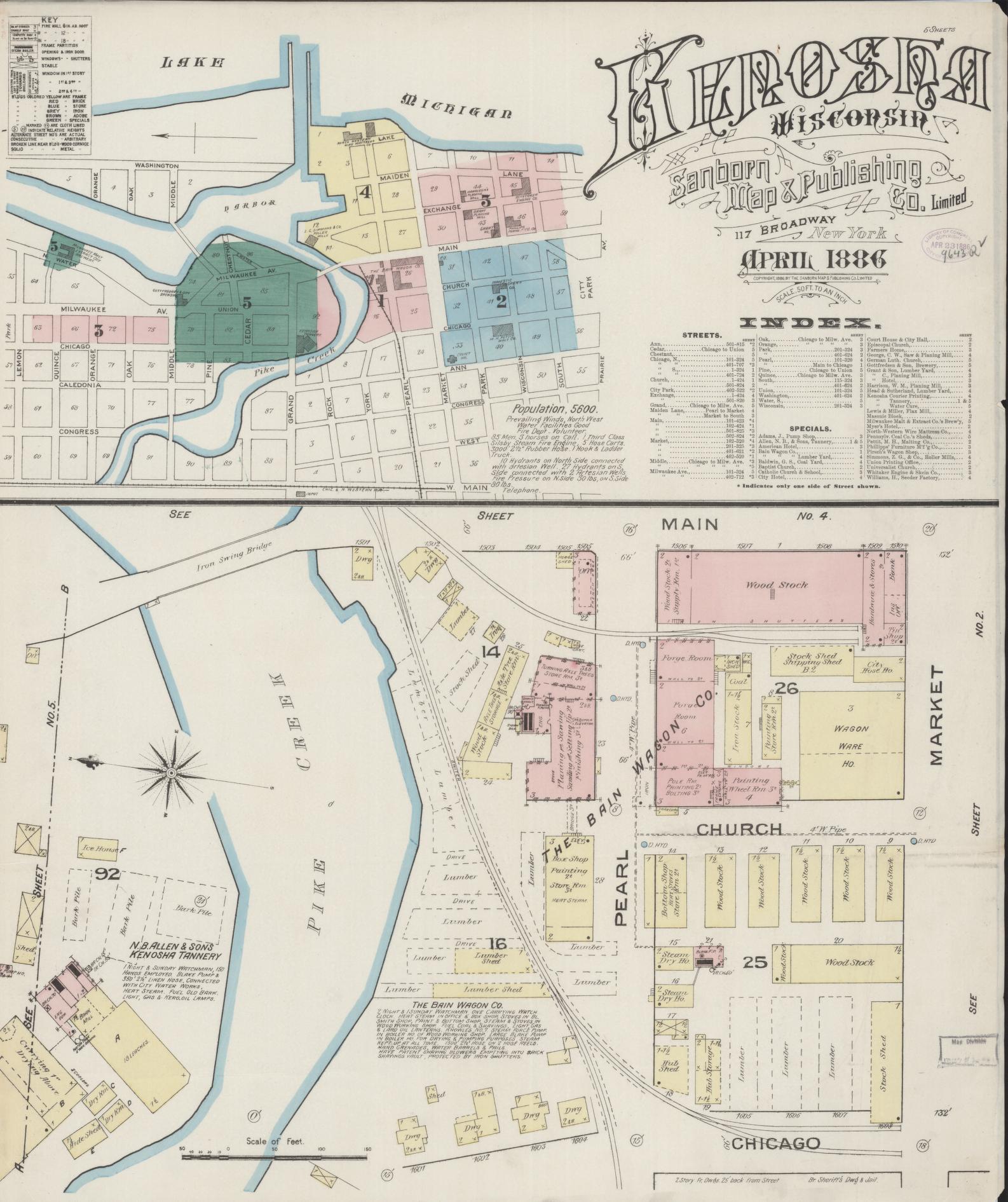 Sanborn Fire Insurance Map from Kenosha, Kenosha County, Wisconsin. (1886), Sheet 1 – Historic Sanborn Fire Insurance Map Print