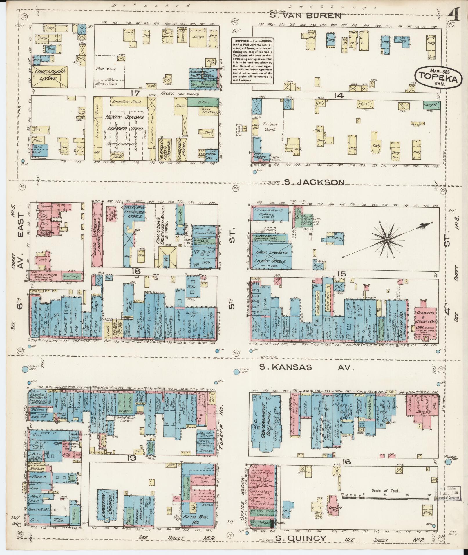 Sanborn Fire Insurance Map from Topeka, Shawnee County, Kansas (1885), Sheet #0004 - Historic Sanborn Fire Insurance Map Print, vintage old map wall art, antique decor, genealogy gift, Kansas Kansas map